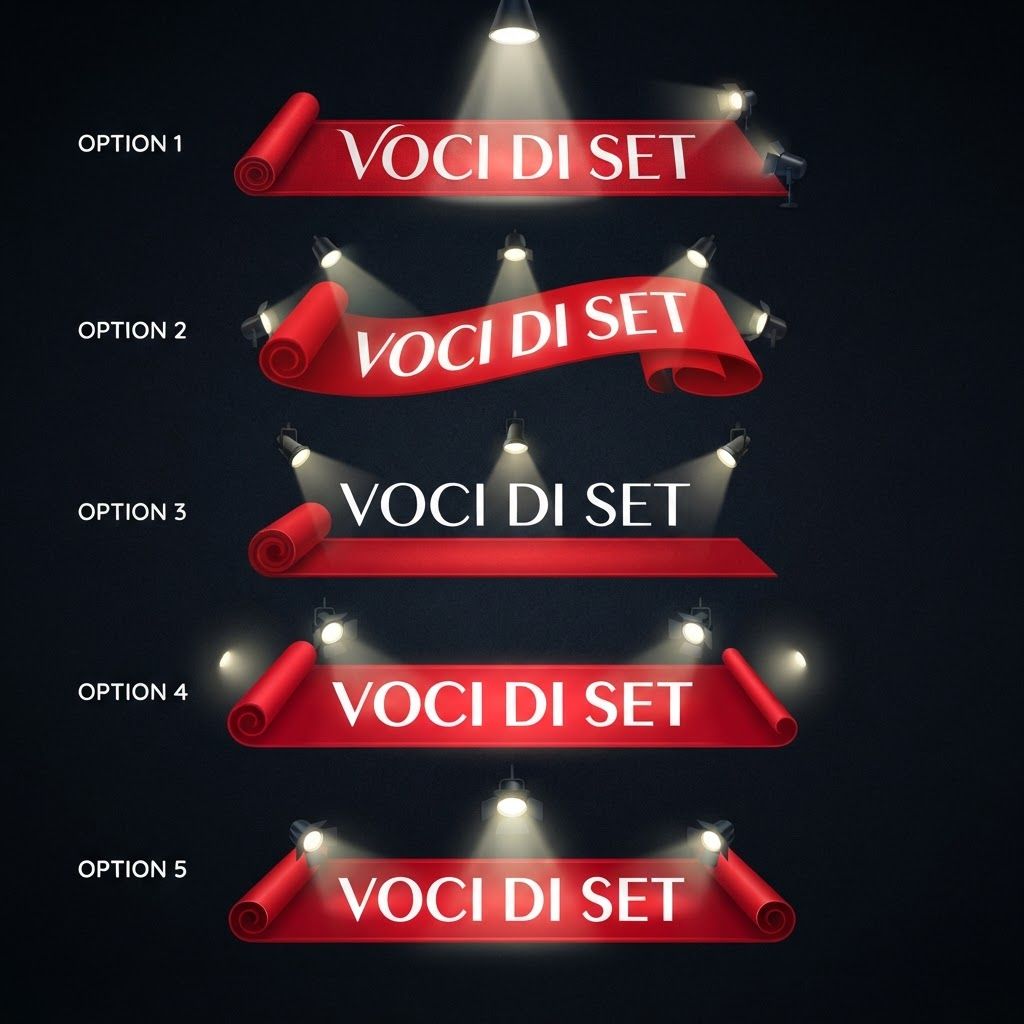 AI Design for Genera più opzioni di logo con:
Red carpet in orizzontale, sopra la scritta voci di set in bianco illuminata dalla luce dei riflettori posti ai lati e sopra il carpet
Stile semplice quasi stilizzato
Non aggiungere scritte.
La scritta voci di set deve essere dentro il carpet come se sfilasse, e il carpet deve essere rosso accesso messo come appunto red carpet