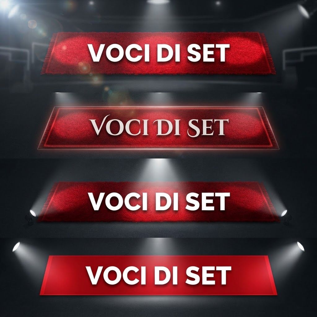 AI Design for Genera più opzioni di logo con:
Red carpet in orizzontale, sopra la scritta voci di set in bianco illuminata dalla luce dei riflettori posti ai lati e sopra il carpet
Stile semplice quasi stilizzato
Non aggiungere scritte.
La scritta voci di set deve essere dentro il carpet come se sfilasse, e il carpet deve essere rosso accesso messo come appunto red carpet