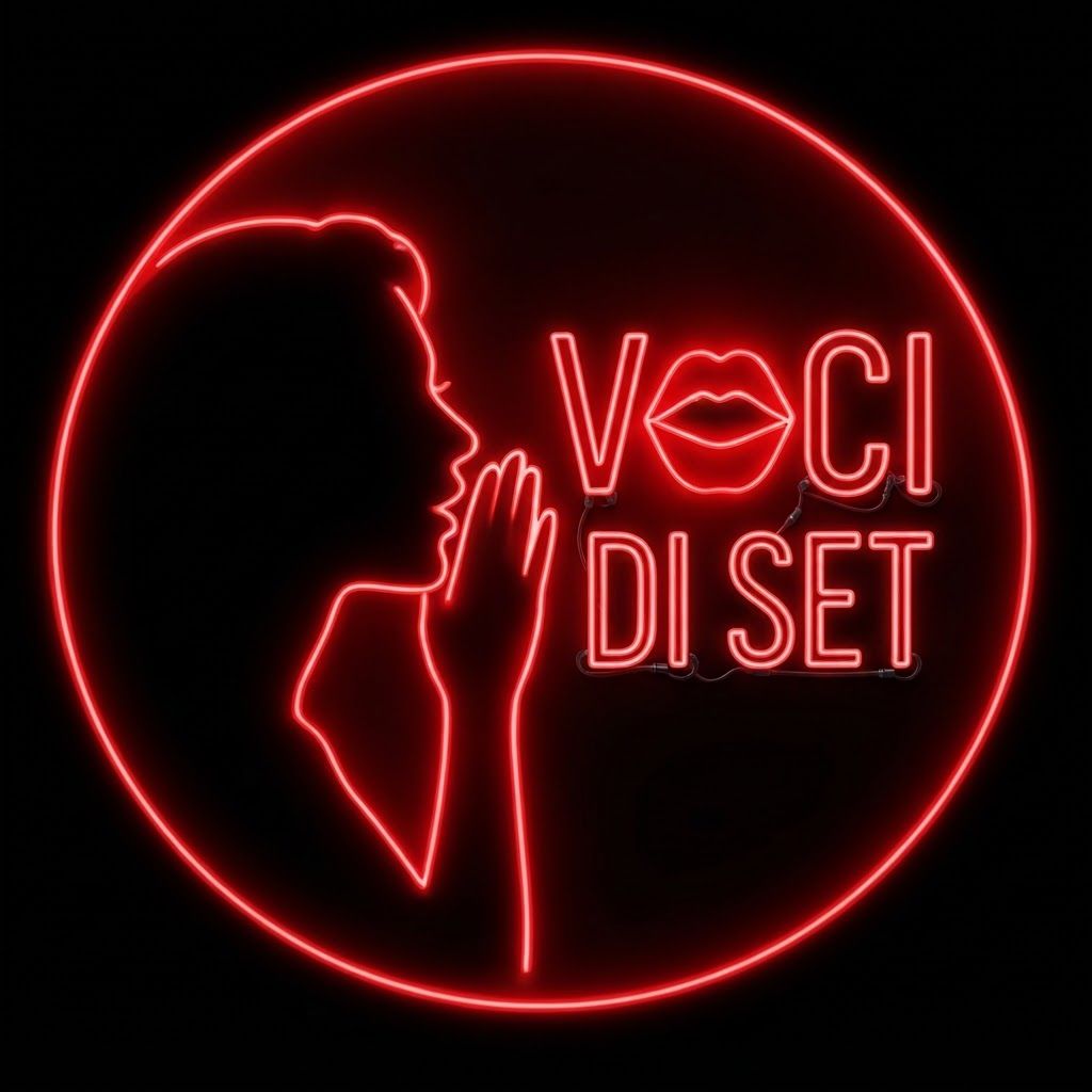 AI Design for Genera il logo per il profilo Instagram “voci di set” a partire dal mio disegno nella foto allegata, deve rimanere la sagoma stilizzata e aggiungi la scritta “voci di set” come se lo stesse dicendo e le lettere più vanno verso destra più si ingrandiscono gradualmente (mantieni l’allineamento dei caratteri come nel disegno allegato), mantieni gli stessi colori e la stessa sagoma della donna. Scrivi voci (sopra) e di set (sotto) togli rivista di cinema e mantieni la bocca. La scritta deve aumentare e ingrandire piano piano