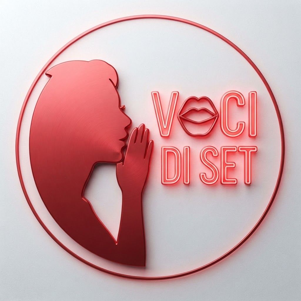 AI Design for Genera il logo per il profilo Instagram “voci di set” a partire dal mio disegno nella foto allegata, deve rimanere la sagoma stilizzata e aggiungi la scritta “voci di set” come se lo stesse dicendo e le lettere più vanno verso destra più si ingrandiscono gradualmente (mantieni l’allineamento dei caratteri come nel disegno allegato), mantieni gli stessi colori e la stessa sagoma della donna. Scrivi voci (sopra) e di set (sotto) togli rivista di cinema e mantieni la bocca. La scritta deve aumentare e ingrandire piano piano. Prova a farlo su sfondo chiaro e scritta in maiuscolo. La scritta deve aumentare e ingrandire piano piano.