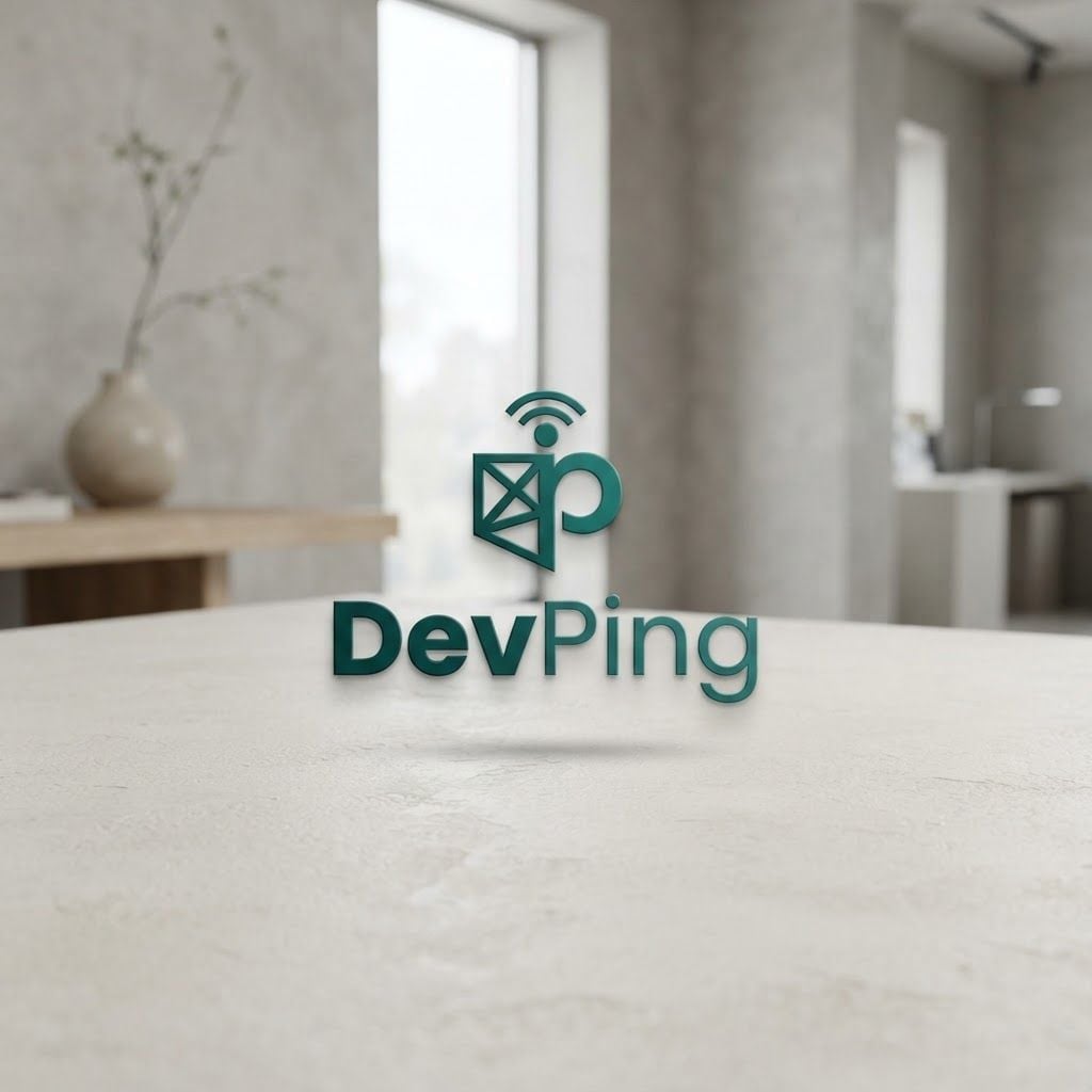 AI Design for Premium logo presentation mockup concept for Make A logo for a community named DevPing. Logo or brand mark displayed on a clean neutral surface with subtle depth, refined shadow, precise alignment, elegant design-studio presentation, no extra readable text.