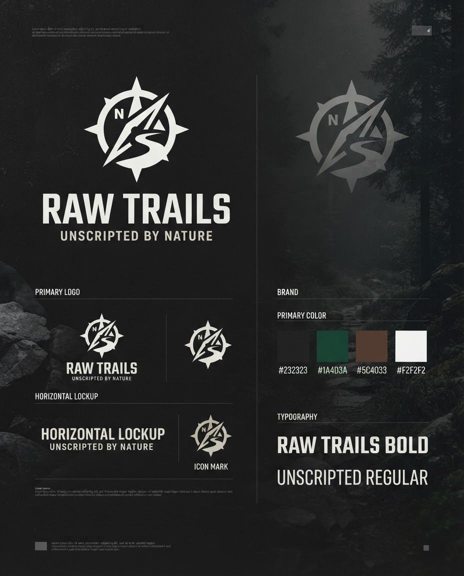 AI Design for Paid ad visual concept for Design a professional logo identity exploration for a wilderness experience brand called:
RAW TRAILS
TAGLINE:
UNSCRIPTED BY NATURE
IMPORTANT: This is a LOGO DESIGN EXPLORATION, NOT an illustration, poster, scenery, or advertising image.
BRAND CONCEPT:
RAW TRAILS is a future wilderness experience brand for 2045–2050.
As cities, technology and controlled experiences dominate everyday life, genuine encounters with wild nature become increasingly rare.
RAW TRAILS gives people access to forest. Performance-focused portrait composition, clear product or benefit cue, bold contrast, uncluttered background, open area for offer copy to be added later, no readable text.