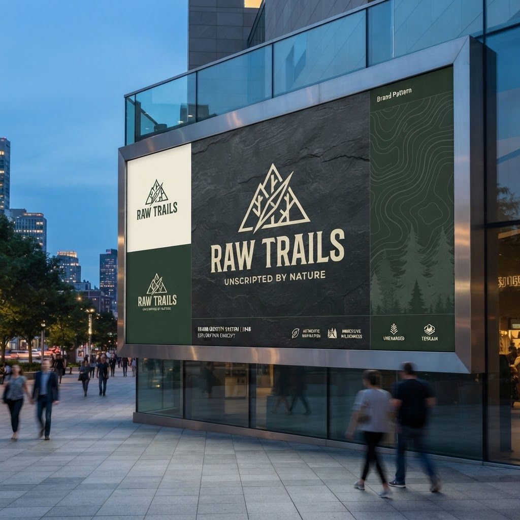 AI Design for Out-of-home campaign mockup concept for Design a professional logo identity exploration for a wilderness experience brand called:
RAW TRAILS
TAGLINE:
UNSCRIPTED BY NATURE
IMPORTANT: This is a LOGO DESIGN EXPLORATION, NOT an illustration, poster, scenery, or advertising image.
BRAND CONCEPT:
RAW TRAILS is a future wilderness experience brand for 2045–2050.
As cities, technology and controlled experiences dominate everyday life, genuine encounters with wild nature become increasingly rare.
RAW TRAILS gives people access to forest. Billboard, transit poster, or street display in a realistic environment, strong campaign imagery, believable scale and lighting, no readable fake ad copy.