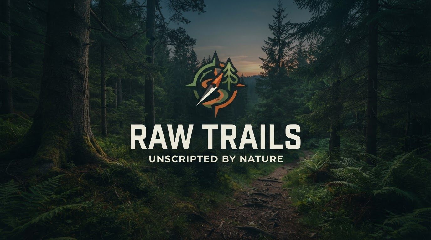 AI Design for Website hero image concept for Design a professional logo identity exploration for a wilderness experience brand called:
RAW TRAILS
TAGLINE:
UNSCRIPTED BY NATURE
IMPORTANT: This is a LOGO DESIGN EXPLORATION, NOT an illustration, poster, scenery, or advertising image.
BRAND CONCEPT:
RAW TRAILS is a future wilderness experience brand for 2045–2050.
As cities, technology and controlled experiences dominate everyday life, genuine encounters with wild nature become increasingly rare.
RAW TRAILS gives people access to forest. Wide polished digital brand visual, clear focal identity element, cohesive colors and atmosphere, generous negative space for headline and CTA to be added later, no rendered UI text.