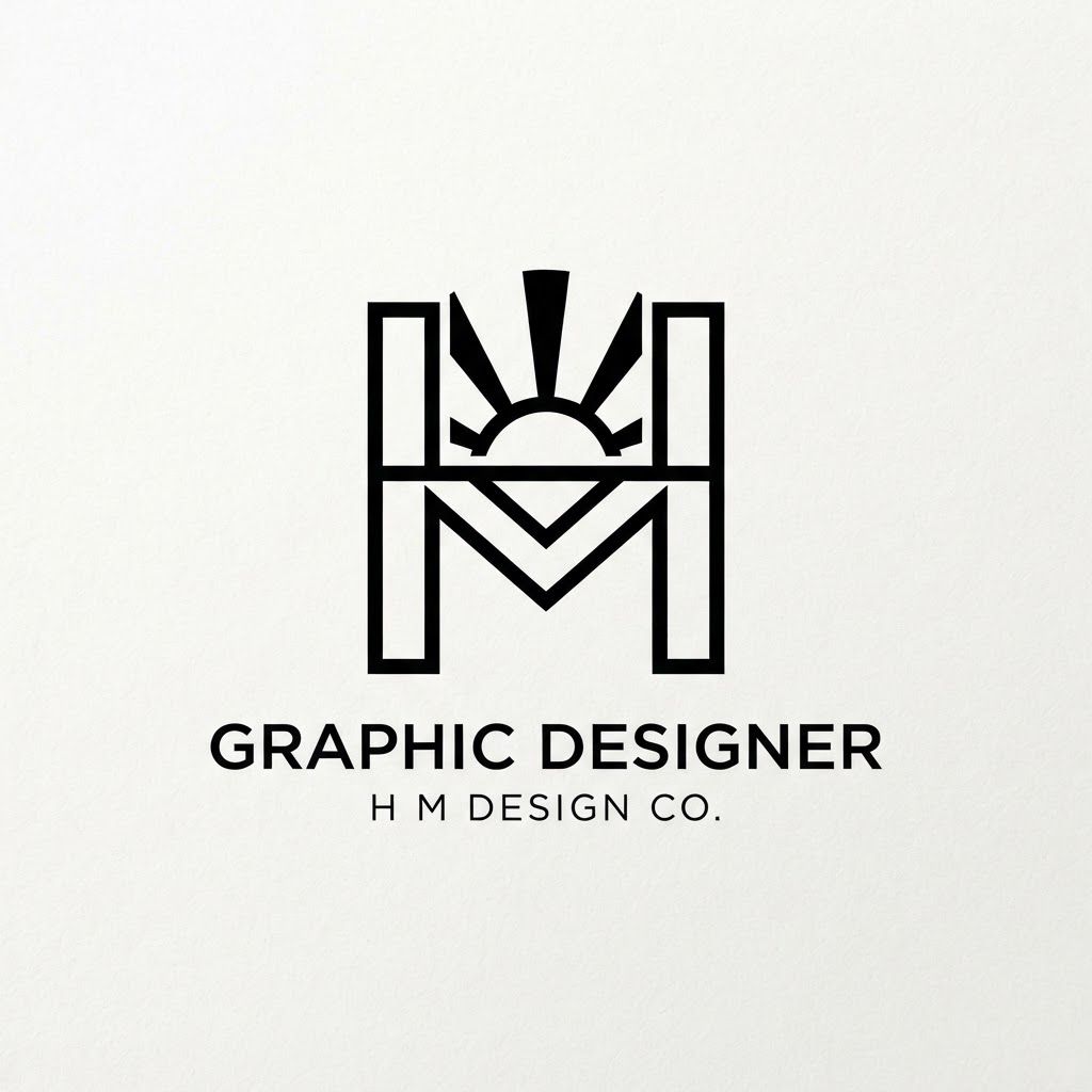AI Design for A minimalist logo design for a graphic designer, combining the letters H and M into a single, cohesive geometric mark, integrated with a subtle sunburst or rising sun element, clean vector style, flat design, high contrast, professional, black and white.