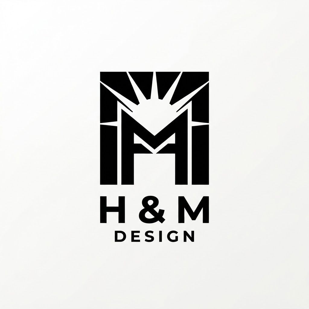 AI Design for A minimalist logo design for a graphic designer, combining the letters H and M into a single, cohesive geometric mark, integrated with a subtle sunburst or rising sun element, clean vector style, flat design, high contrast, professional, black and white.