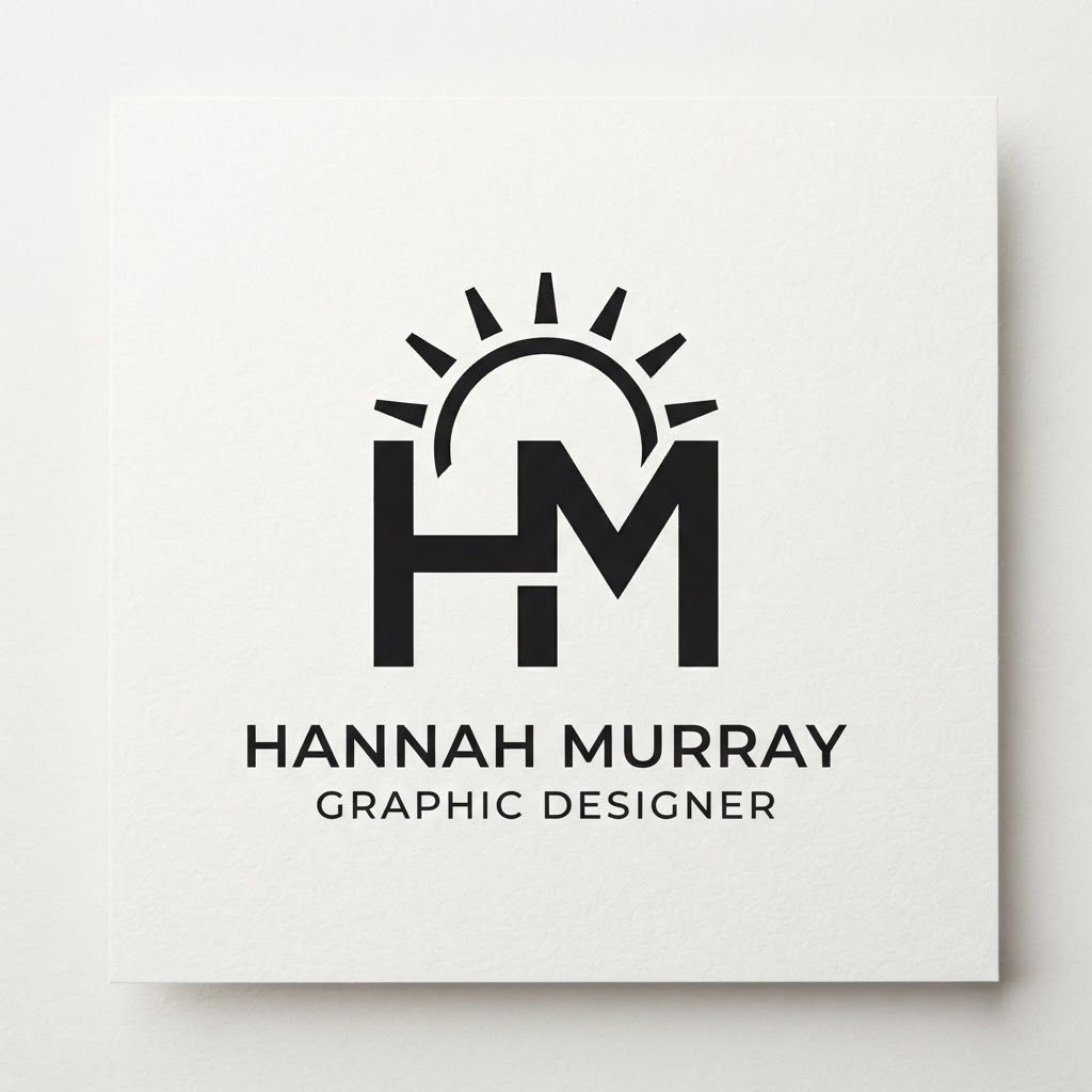 AI Design for A minimalist logo design for a graphic designer, combining the letters H and M into a single, cohesive geometric mark, integrated with a subtle sunburst or rising sun element, clean vector style, flat design, high contrast, professional, black and white.