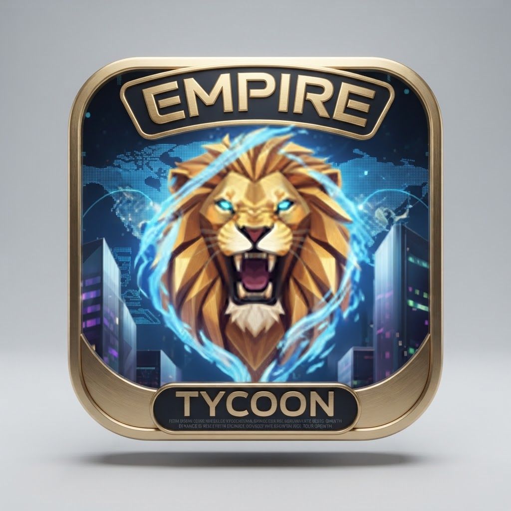 AI Design for High-end studio product photograph of Empire Tycoon Logo. The image is a square mobile app icon featuring a stylized golden lion head roaring, surrounded by a glowing blue energy effect, set against a dark city skyline. It has a metallic gold border and includes the text 'EMPIRE' at the top and 'TYCOON' at the bottom. Product centered as the clear hero, clean neutral background, controlled softbox lighting, realistic contact shadow, crisp edges, accurate material texture, no readable text added.