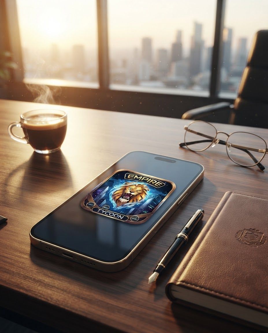 AI Design for Lifestyle product photograph of Empire Tycoon Logo being naturally used in a believable real-world setting. The image is a square mobile app icon featuring a stylized golden lion head roaring, surrounded by a glowing blue energy effect, set against a dark city skyline. It has a metallic gold border and includes the text 'EMPIRE' at the top and 'TYCOON' at the bottom. Human-scale context, warm natural light, editorial composition, shallow depth of field, product clearly visible and undistorted.