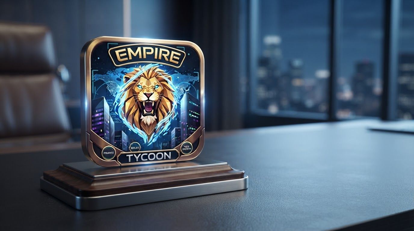 AI Design for Wide campaign hero photograph for Empire Tycoon Logo. The image is a square mobile app icon featuring a stylized golden lion head roaring, surrounded by a glowing blue energy effect, set against a dark city skyline. It has a metallic gold border and includes the text 'EMPIRE' at the top and 'TYCOON' at the bottom. Premium advertising composition with the product as focal point, cinematic lighting, clean negative space on one side for copy to be added later, no rendered words or logos beyond the reference product.