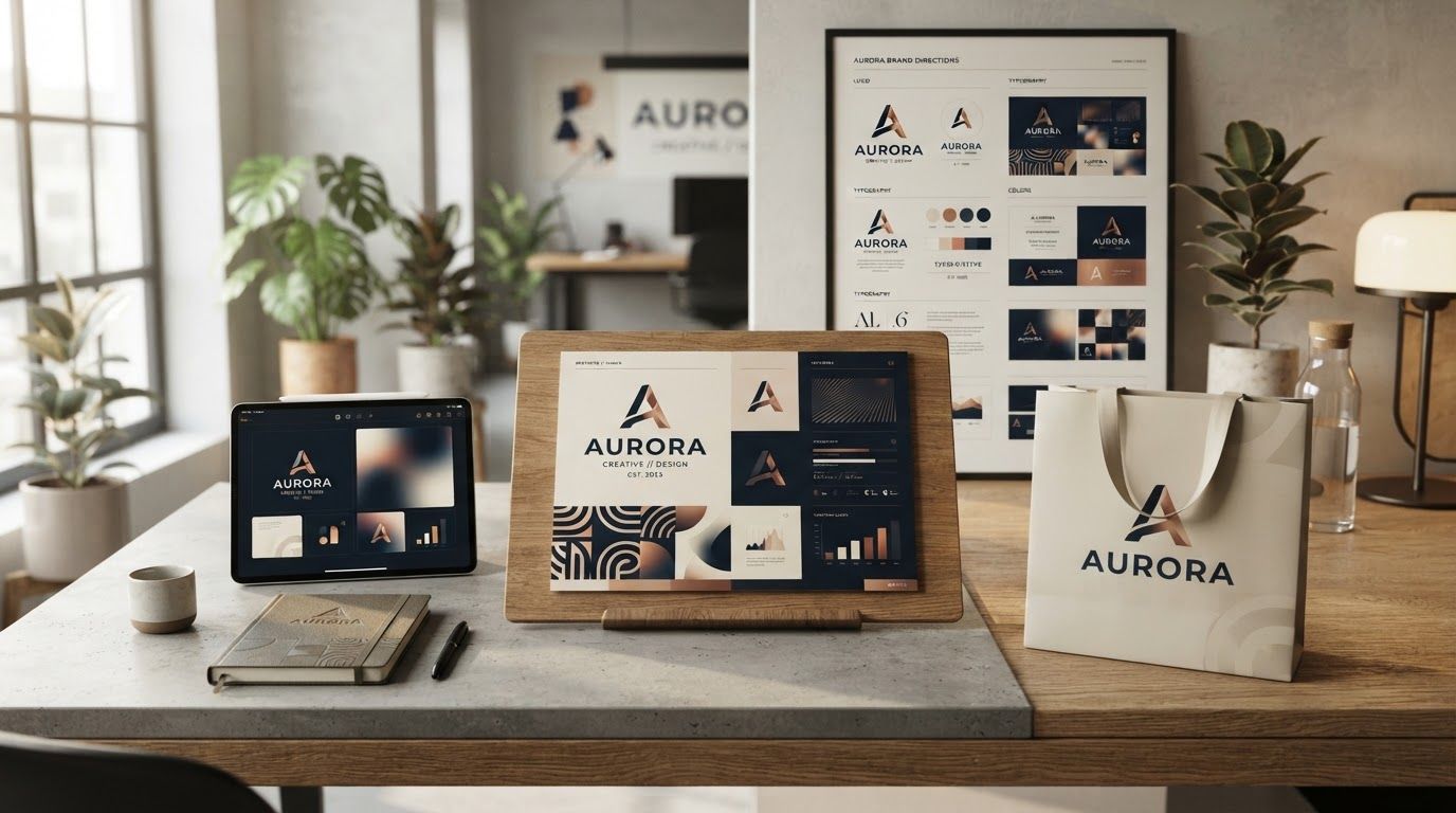 AI Design for Client presentation mockup concept for Brand identity directions for a client. Polished scene showing the design direction applied to a realistic surface, screen, poster, or object, premium agency presentation style, no readable placeholder text.