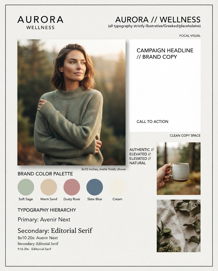 AI Design for Social campaign preview concept for Brand identity directions for a client. Portrait campaign visual that feels ready for client approval, clear focal image, cohesive art direction, clean space for copy to be added later, no generated text.