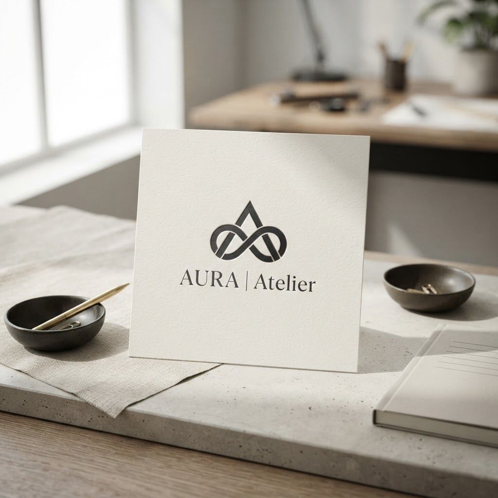 AI Design for Premium logo presentation mockup concept for Brand identity directions for a client. Logo or brand mark displayed on a clean neutral surface with subtle depth, refined shadow, precise alignment, elegant design-studio presentation, no extra readable text.