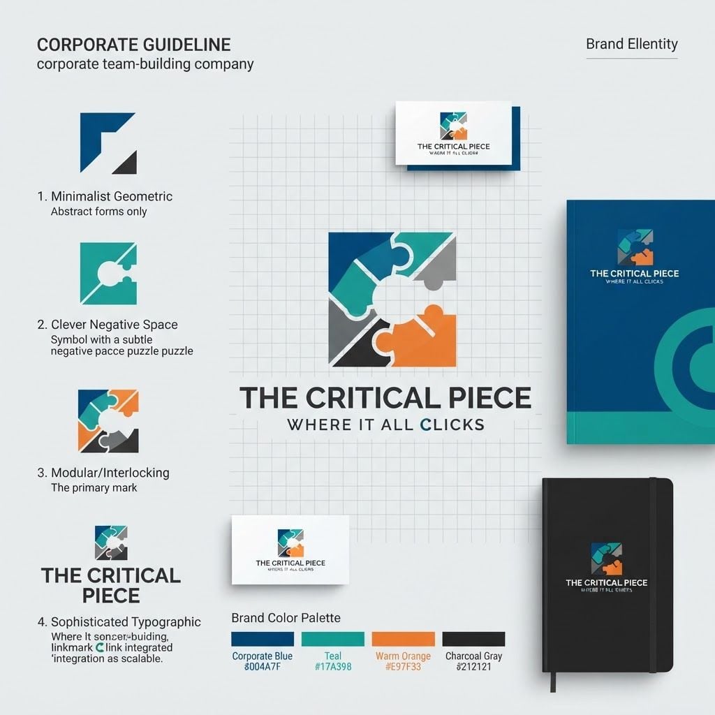 Design a sophisticated, modern brand identity and logo for a corporate team-building company called **THE CRITICAL PIECE**.

Brand tagline: **“Where It All Clicks”**

The company creates immersive tabletop simulations that strengthen collaboration and reveal how teams communicate and perform.

Create a logo concept that visually expresses the idea of a **critical piece completing a larger system** — connection, collaboration, problem-solving, human dynamics, strategy, and the moment when everything “clicks” into place.

Explore an intelligent abstract symbol rather than an obvious board-game icon. Consider subtle visual ideas such as interlocking forms, modular pieces, negative space, a missing piece becoming complete, connected nodes, or geometric components fitting together.

The identity should feel:

- Strategic
- Intelligent
- Human
- Contemporary
- Premium
- Approachable
- Confident
- Suitable for corporate clients

Avoid childish gaming aesthetics, dice, playing cards, pawns, chess pieces, cartoon imagery, or overly literal puzzle-piece logos.

Typography should be clean, distinctive, and highly legible. Make **THE CRITICAL PIECE** the primary wordmark, with **WHERE IT ALL CLICKS** as a secondary tagline.

Create several distinct logo directions with strong visual differentiation: minimalist geometric, clever negative-space symbol, modular/interlocking symbol, and sophisticated typographic mark.

Use a clean presentation on a neutral background, showing the logo as a professional corporate brand identity. Flat vector-style design, strong silhouette, scalable, memorable, suitable for website, presentation decks, merchandise, signage, and corporate materials.