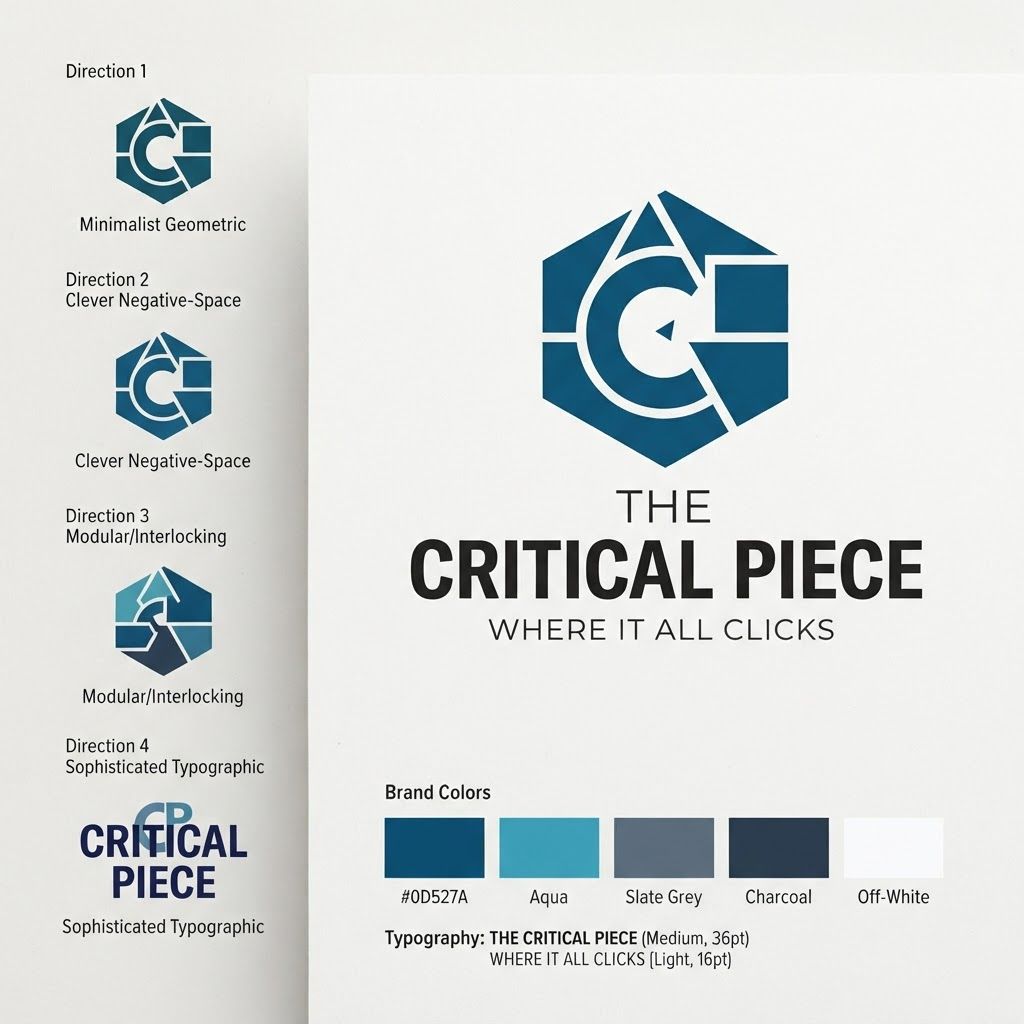 Design a sophisticated, modern brand identity and logo for a corporate team-building company called **THE CRITICAL PIECE**.
Brand tagline: **“Where It All Clicks”**
The company creates immersive tabletop simulations that strengthen collaboration and reveal how teams communicate and perform.
Create a logo concept that visually expresses the idea of a **critical piece completing a larger system** — connection, collaboration, problem-solving, human dynamics, strategy, and the moment when everything “clicks” into place.
Explore an intelligent abstract symbol rather than an obvious board-game icon. Consider subtle visual ideas such as interlocking forms, modular pieces, negative space, a missing piece becoming complete, connected nodes, or geometric components fitting together.
The identity should feel:
- Strategic
- Intelligent
- Human
- Contemporary
- Premium
- Approachable
- Confident
- Suitable for corporate clients
Avoid childish gaming aesthetics, dice, playing cards, pawns, chess pieces, cartoon imagery, or overly literal puzzle-piece logos.
Typography should be clean, distinctive, and highly legible. Make **THE CRITICAL PIECE** the primary wordmark, with **WHERE IT ALL CLICKS** as a secondary tagline.
Create several distinct logo directions with strong visual differentiation: minimalist geometric, clever negative-space symbol, modular/interlocking symbol, and sophisticated typographic mark.
Use a clean presentation on a neutral background, showing the logo as a professional corporate brand identity. Flat vector-style design, strong silhouette, scalable, memorable, suitable for website, presentation decks, merchandise, signage, and corporate materials.