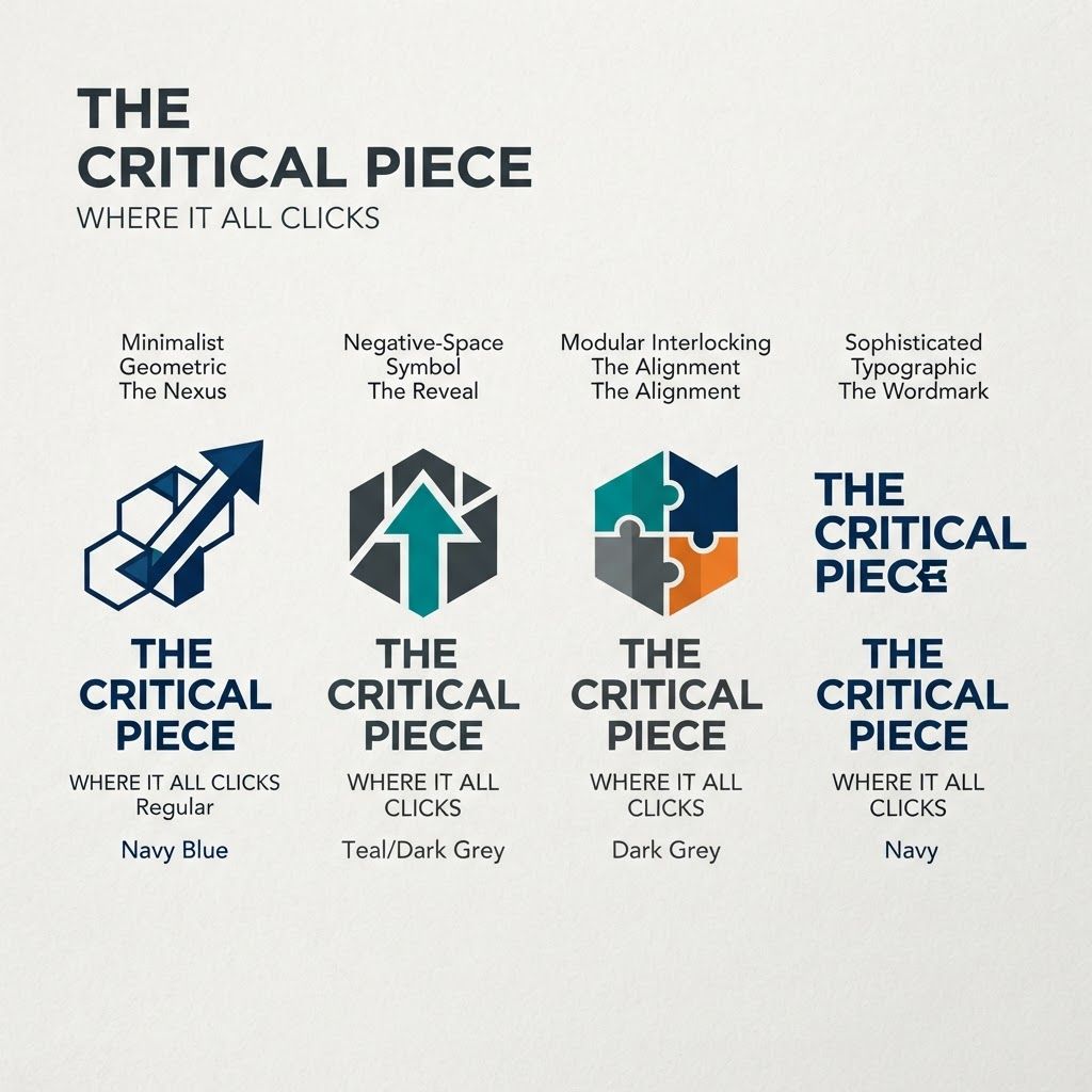 Design a sophisticated, modern brand identity and logo for a corporate team-building company called **THE CRITICAL PIECE**.

Brand tagline: **“Where It All Clicks”**

The company creates immersive tabletop simulations that strengthen collaboration and reveal how teams communicate and perform.

Create a logo concept that visually expresses the idea of a **critical piece completing a larger system** — connection, collaboration, problem-solving, human dynamics, strategy, and the moment when everything “clicks” into place.

Explore an intelligent abstract symbol rather than an obvious board-game icon. Consider subtle visual ideas such as interlocking forms, modular pieces, negative space, a missing piece becoming complete, connected nodes, or geometric components fitting together.

The identity should feel:

- Strategic
- Intelligent
- Human
- Contemporary
- Premium
- Approachable
- Confident
- Suitable for corporate clients

Avoid childish gaming aesthetics, dice, playing cards, pawns, chess pieces, cartoon imagery, or overly literal puzzle-piece logos.

Typography should be clean, distinctive, and highly legible. Make **THE CRITICAL PIECE** the primary wordmark, with **WHERE IT ALL CLICKS** as a secondary tagline.

Create several distinct logo directions with strong visual differentiation: minimalist geometric, clever negative-space symbol, modular/interlocking symbol, and sophisticated typographic mark.

Use a clean presentation on a neutral background, showing the logo as a professional corporate brand identity. Flat vector-style design, strong silhouette, scalable, memorable, suitable for website, presentation decks, merchandise, signage, and corporate materials.