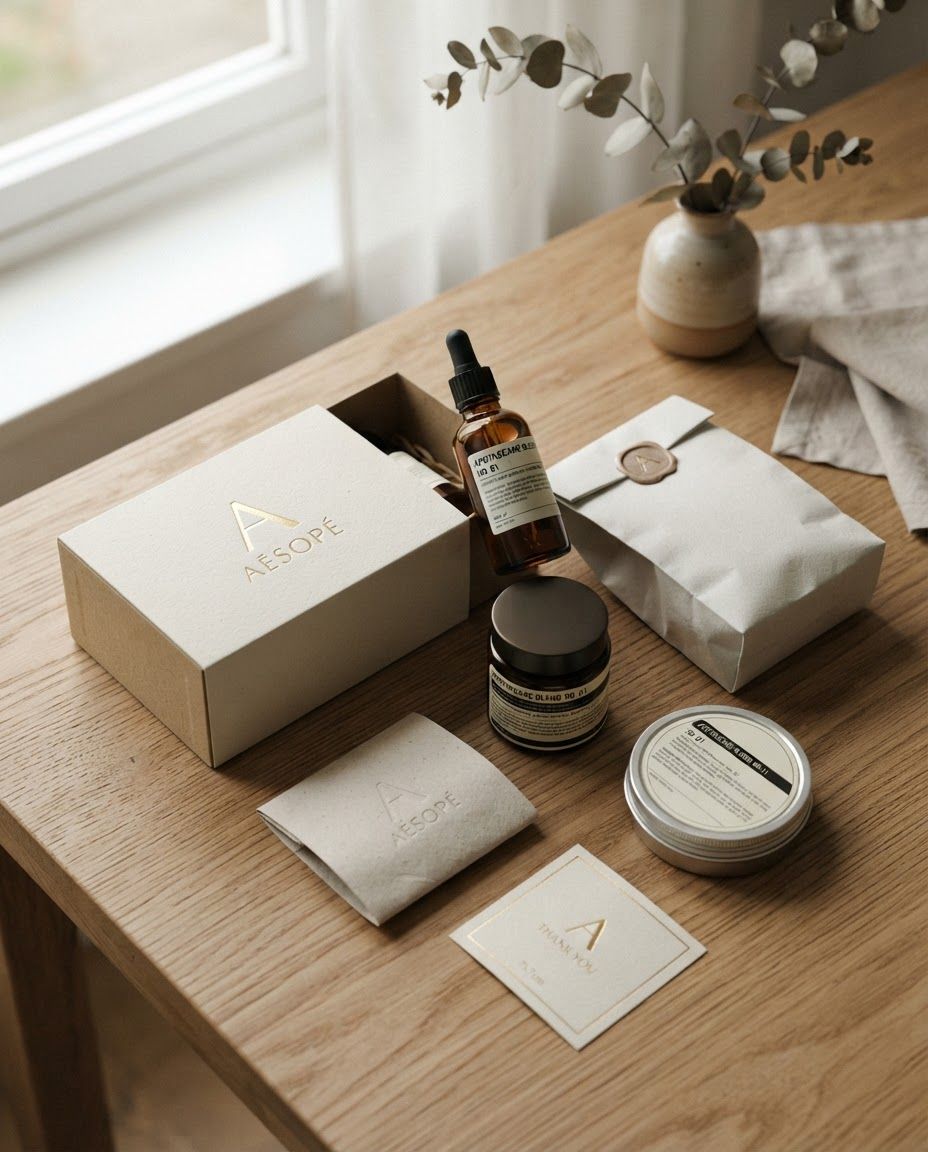 Premium packaging mockup concept for Brand identity for my personal brand. Brand identity applied to realistic boxes, pouches, labels, wraps, or bags as appropriate, polished tabletop scene, tactile materials, no invented readable copy.
