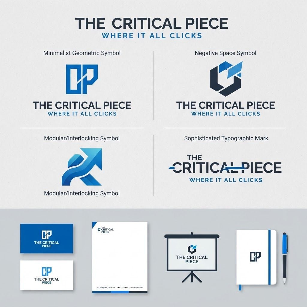Design a sophisticated, modern brand identity and logo for a corporate team-building company called **THE CRITICAL PIECE**.
Brand tagline: **“Where It All Clicks”**
The company creates immersive tabletop simulations that strengthen collaboration and reveal how teams communicate and perform.
Create a logo concept that visually expresses the idea of a **critical piece completing a larger system** — connection, collaboration, problem-solving, human dynamics, strategy, and the moment when everything “clicks” into place.
Explore an intelligent abstract symbol rather than an obvious board-game icon. Consider subtle visual ideas such as interlocking forms, modular pieces, negative space, a missing piece becoming complete, connected nodes, or geometric components fitting together.
The identity should feel:
- Strategic
- Intelligent
- Human
- Contemporary
- Premium
- Approachable
- Confident
- Suitable for corporate clients
Avoid childish gaming aesthetics, dice, playing cards, pawns, chess pieces, cartoon imagery, or overly literal puzzle-piece logos.
Typography should be clean, distinctive, and highly legible. Make **THE CRITICAL PIECE** the primary wordmark, with **WHERE IT ALL CLICKS** as a secondary tagline.
Create several distinct logo directions with strong visual differentiation: minimalist geometric, clever negative-space symbol, modular/interlocking symbol, and sophisticated typographic mark.
Use a clean presentation on a neutral background, showing the logo as a professional corporate brand identity. Flat vector-style design, strong silhouette, scalable, memorable, suitable for website, presentation decks, merchandise, signage, and corporate materials.