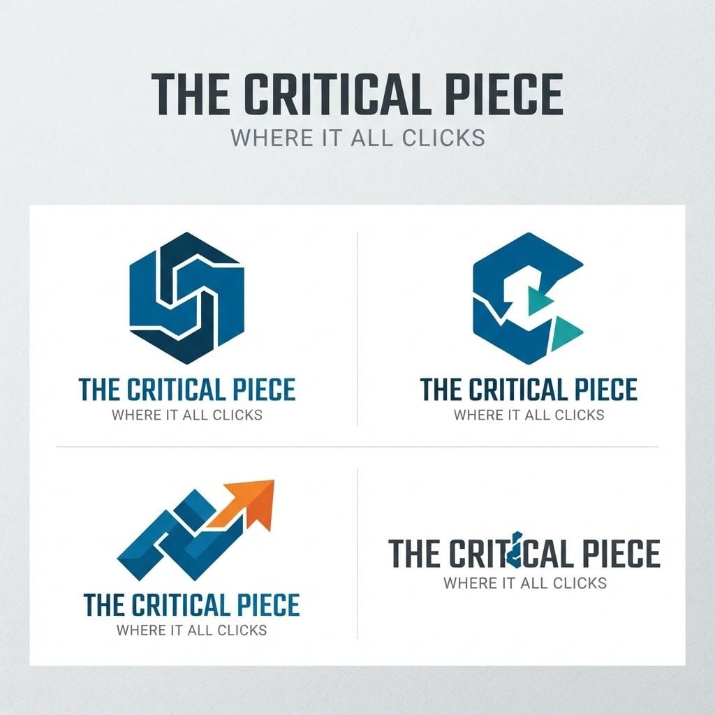 Design a sophisticated, modern brand identity and logo for a corporate team-building company called **THE CRITICAL PIECE**.
Brand tagline: **“Where It All Clicks”**
The company creates immersive tabletop simulations that strengthen collaboration and reveal how teams communicate and perform.
Create a logo concept that visually expresses the idea of a **critical piece completing a larger system** — connection, collaboration, problem-solving, human dynamics, strategy, and the moment when everything “clicks” into place.
Explore an intelligent abstract symbol rather than an obvious board-game icon. Consider subtle visual ideas such as interlocking forms, modular pieces, negative space, a missing piece becoming complete, connected nodes, or geometric components fitting together.
The identity should feel:
- Strategic
- Intelligent
- Human
- Contemporary
- Premium
- Approachable
- Confident
- Suitable for corporate clients
Avoid childish gaming aesthetics, dice, playing cards, pawns, chess pieces, cartoon imagery, or overly literal puzzle-piece logos.
Typography should be clean, distinctive, and highly legible. Make **THE CRITICAL PIECE** the primary wordmark, with **WHERE IT ALL CLICKS** as a secondary tagline.
Create several distinct logo directions with strong visual differentiation: minimalist geometric, clever negative-space symbol, modular/interlocking symbol, and sophisticated typographic mark.
Use a clean presentation on a neutral background, showing the logo as a professional corporate brand identity. Flat vector-style design, strong silhouette, scalable, memorable, suitable for website, presentation decks, merchandise, signage, and corporate materials.