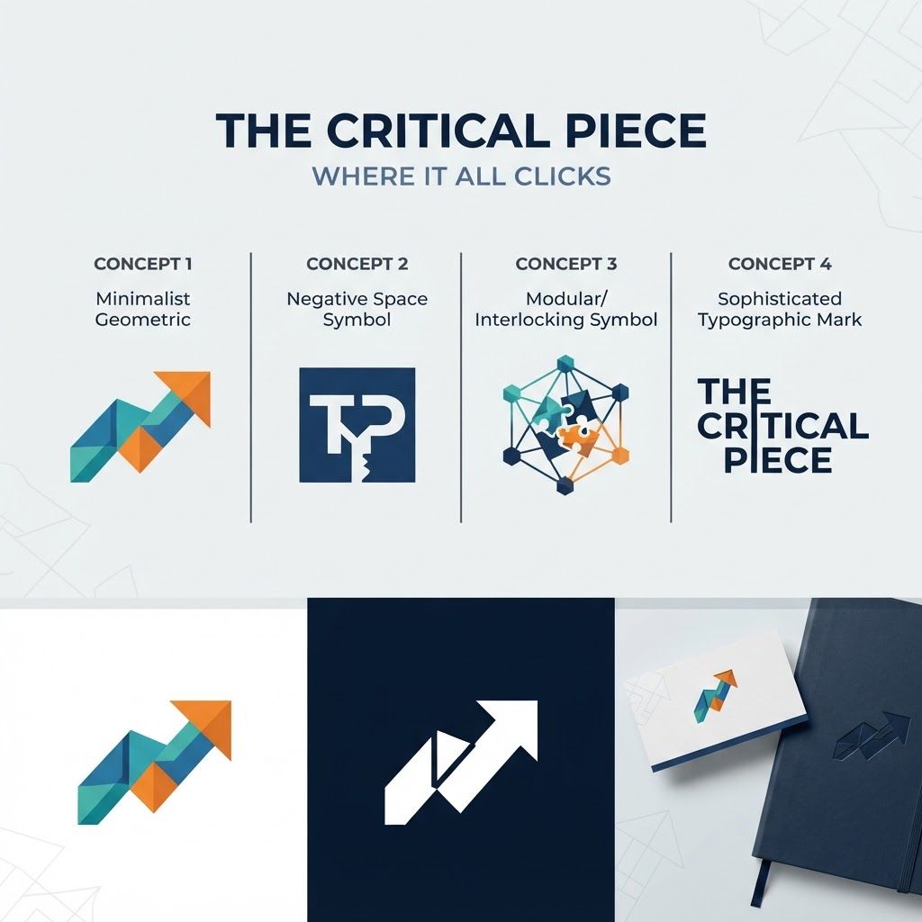 Design a sophisticated, modern brand identity and logo for a corporate team-building company called **THE CRITICAL PIECE**.
Brand tagline: **“Where It All Clicks”**
The company creates immersive tabletop simulations that strengthen collaboration and reveal how teams communicate and perform.
Create a logo concept that visually expresses the idea of a **critical piece completing a larger system** — connection, collaboration, problem-solving, human dynamics, strategy, and the moment when everything “clicks” into place.
Explore an intelligent abstract symbol rather than an obvious board-game icon. Consider subtle visual ideas such as interlocking forms, modular pieces, negative space, a missing piece becoming complete, connected nodes, or geometric components fitting together.
The identity should feel:
- Strategic
- Intelligent
- Human
- Contemporary
- Premium
- Approachable
- Confident
- Suitable for corporate clients
Avoid childish gaming aesthetics, dice, playing cards, pawns, chess pieces, cartoon imagery, or overly literal puzzle-piece logos.
Typography should be clean, distinctive, and highly legible. Make **THE CRITICAL PIECE** the primary wordmark, with **WHERE IT ALL CLICKS** as a secondary tagline.
Create several distinct logo directions with strong visual differentiation: minimalist geometric, clever negative-space symbol, modular/interlocking symbol, and sophisticated typographic mark.
Use a clean presentation on a neutral background, showing the logo as a professional corporate brand identity. Flat vector-style design, strong silhouette, scalable, memorable, suitable for website, presentation decks, merchandise, signage, and corporate materials.