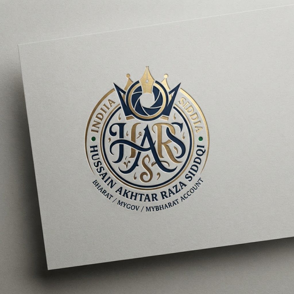 Premium logo presentation mockup concept for Design a clean, modern editorial logo system that integrates calligraphic typography with sharp, geometric iconography in a navy and gold color scheme.. Logo or brand mark displayed on a clean neutral surface with subtle depth, refined shadow, precise alignment, elegant design-studio presentation, no extra readable text.
Incorporate the attached brand element reference image (Reference A: brand element "Hussain Akhtar Raza Siddqi Branding") into the composition where natural — preserve the depicted brand element's appearance.