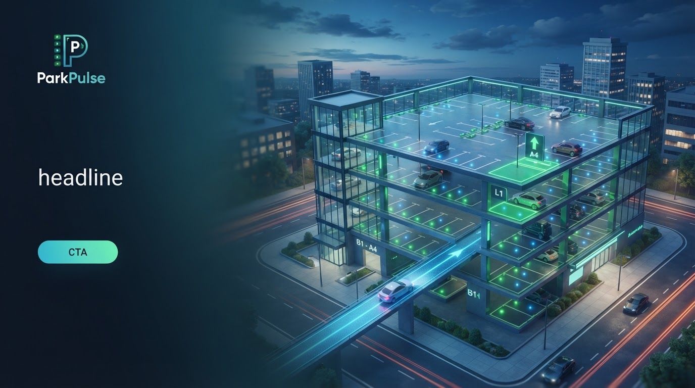 Website hero image concept for IOT (SIMULATED)
Smart Parking Slot Finder
Build a dashboard that shows live occupancy of a simulated
parking lot (using mock sensor data) and directs an
incoming vehicle to the nearest free slot. Make a ParkPulse named logo for this project. Wide polished digital brand visual, clear focal identity element, cohesive colors and atmosphere, generous negative space for headline and CTA to be added later, no rendered UI text.