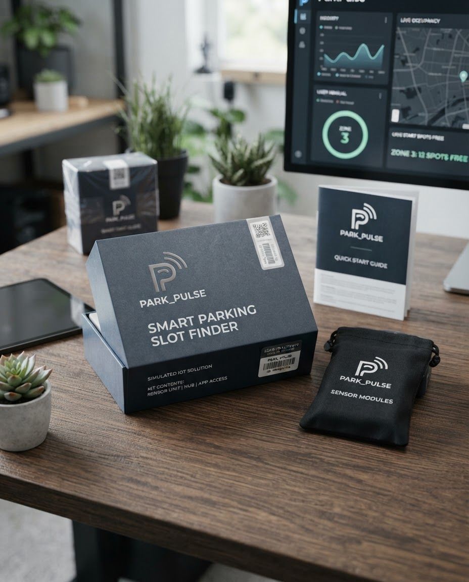 Premium packaging mockup concept for IOT (SIMULATED)
Smart Parking Slot Finder
Build a dashboard that shows live occupancy of a simulated
parking lot (using mock sensor data) and directs an
incoming vehicle to the nearest free slot. Make a ParkPulse named logo for this project. Brand identity applied to realistic boxes, pouches, labels, wraps, or bags as appropriate, polished tabletop scene, tactile materials, no invented readable copy.