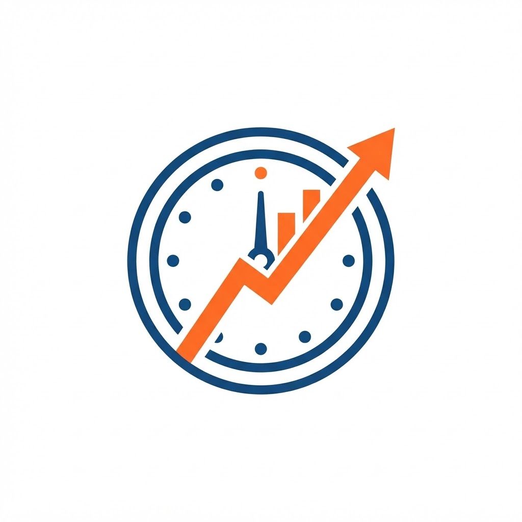 A minimalist vector logo for an app named 'FlexIStudy'. The icon features a stylized clock face where the clock hand is transforming into an upward-trending bar graph or growth chart. Clean, bold lines, modern sans-serif aesthetic, professional deep blue and energetic orange color scheme, flat design, white background, high contrast, scalable vector style. --no shading

nothing written on the logo
