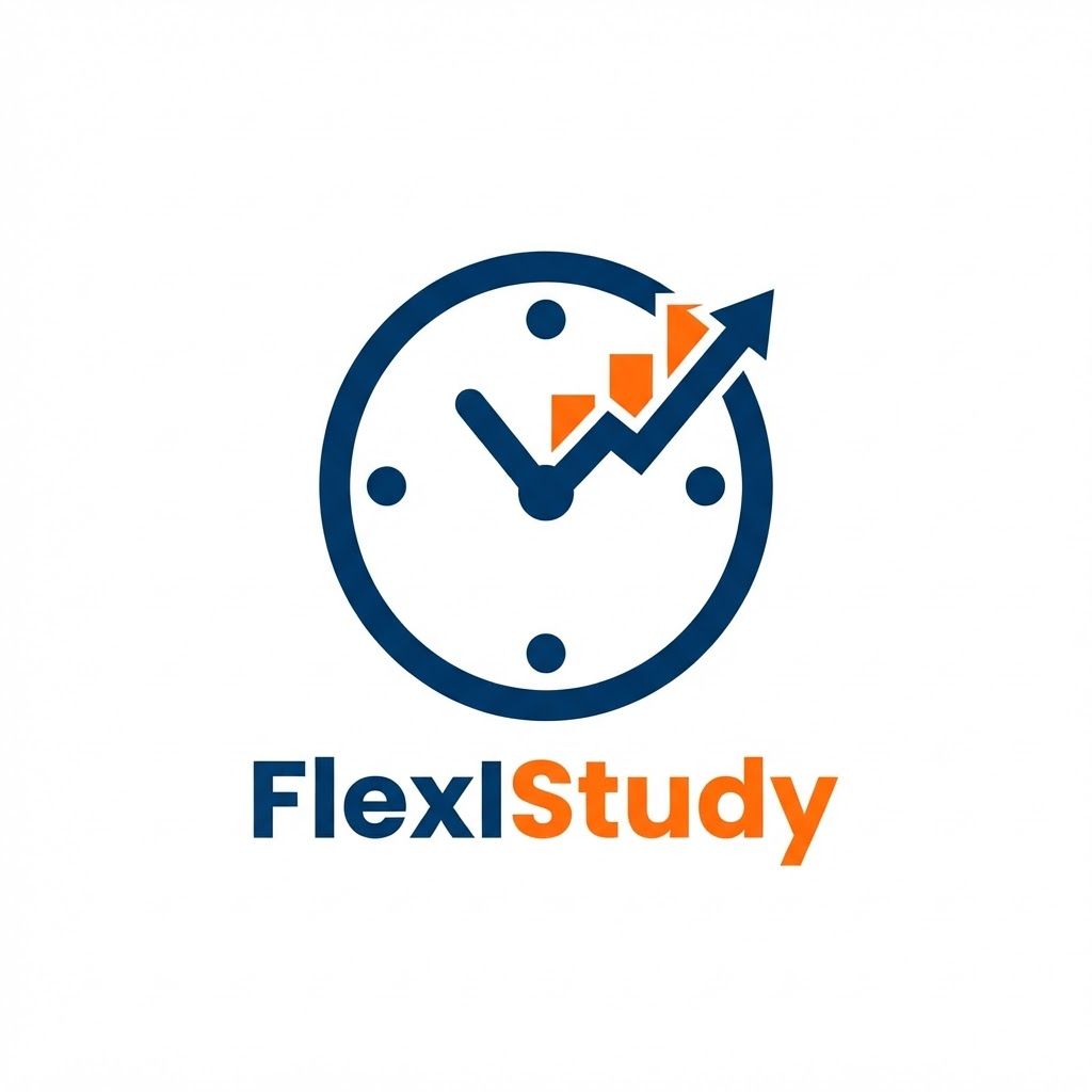 A minimalist vector logo for an app named 'FlexIStudy'. The icon features a stylized clock face where the clock hand is transforming into an upward-trending bar graph or growth chart. Clean, bold lines, modern sans-serif aesthetic, professional deep blue and energetic orange color scheme, flat design, white background, high contrast, scalable vector style. --no shading