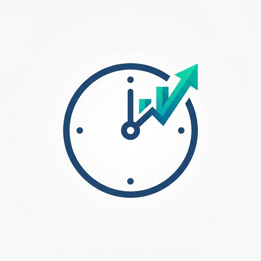 A minimalist vector logo for an app named 'FlexIStudy'. The icon features a stylized clock face where the clock hand is transforming into an upward-trending bar graph or growth chart.
nothing written on the logo