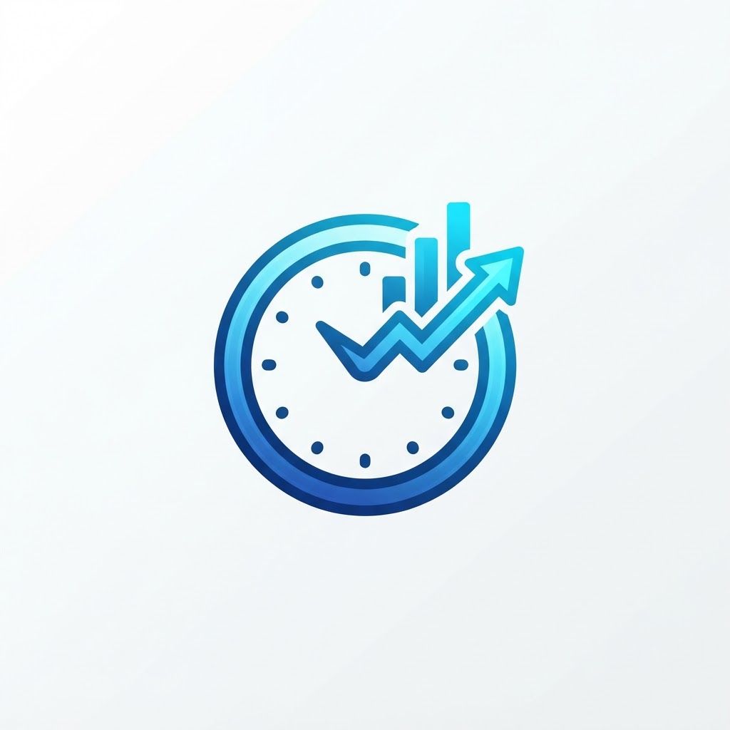 A minimalist vector logo for an app named 'FlexIStudy'. The icon features a stylized clock face where the clock hand is transforming into an upward-trending bar graph or growth chart.
nothing written on the logo