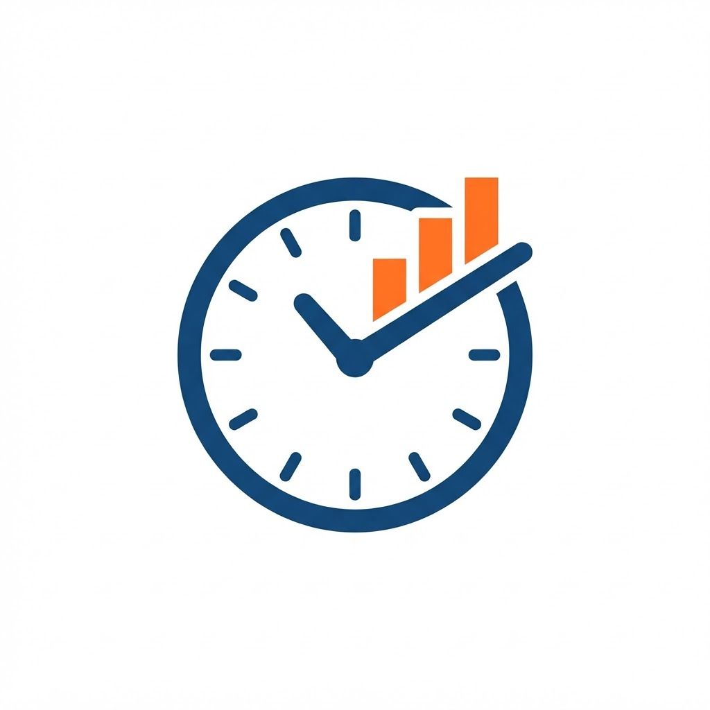 A minimalist vector logo for an app named 'FlexIStudy'. The icon features a stylized clock face where the clock hand is transforming into an upward-trending bar graph or growth chart. Clean, bold lines, modern sans-serif aesthetic, professional deep blue and energetic orange color scheme, flat design, white background, high contrast, scalable vector style. --no shading

nothing written on the logo