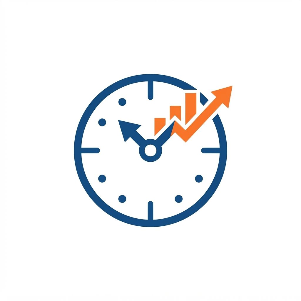 A minimalist vector logo for an app named 'FlexIStudy'. The icon features a stylized clock face where the clock hand is transforming into an upward-trending bar graph or growth chart. Clean, bold lines, modern sans-serif aesthetic, professional deep blue and energetic orange color scheme, flat design, white background, high contrast, scalable vector style. --no shading

nothing written on the logo
