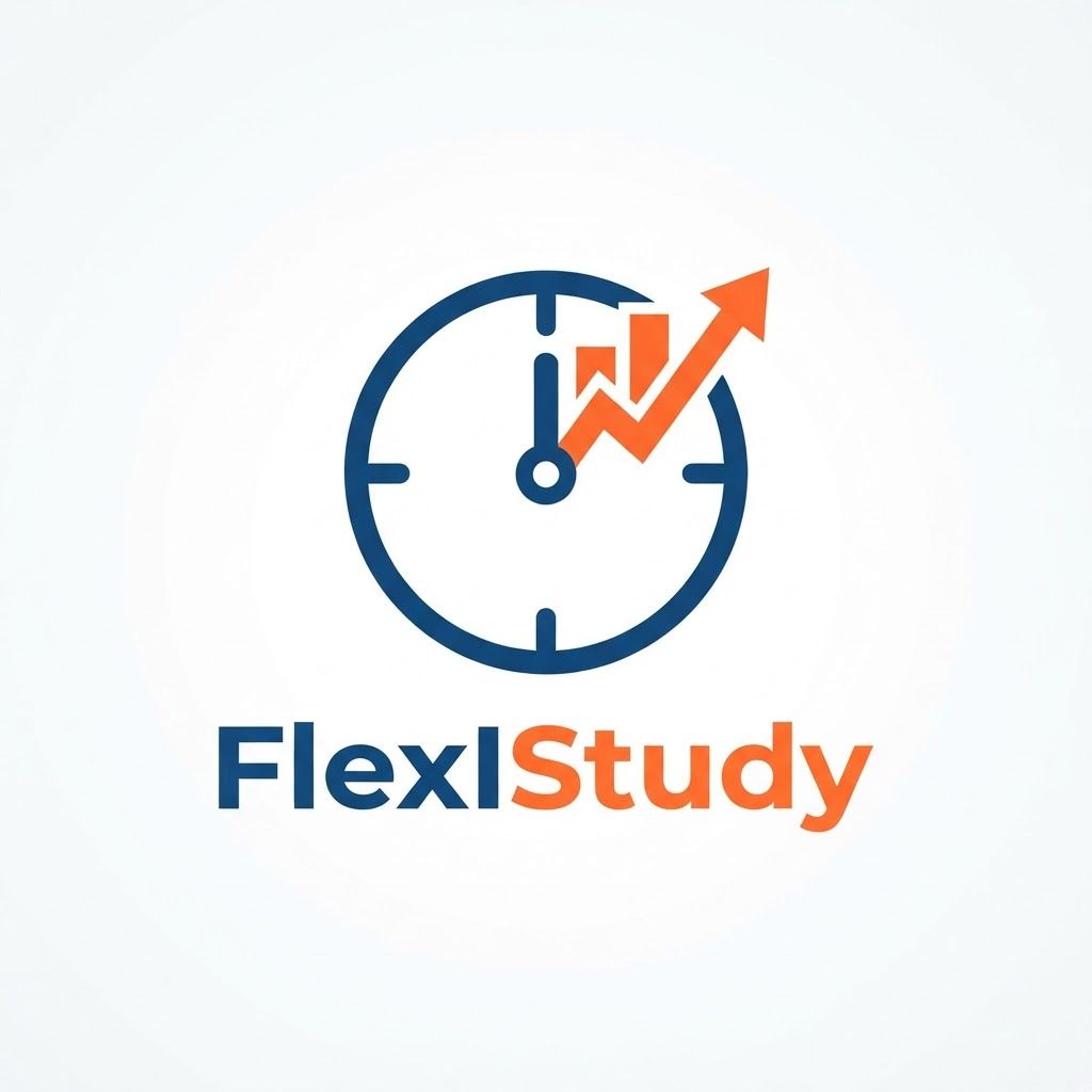 A minimalist vector logo for an app named 'FlexIStudy'. The icon features a stylized clock face where the clock hand is transforming into an upward-trending bar graph or growth chart. Clean, bold lines, modern sans-serif aesthetic, professional deep blue and energetic orange color scheme, flat design, white background, high contrast, scalable vector style. --no shading