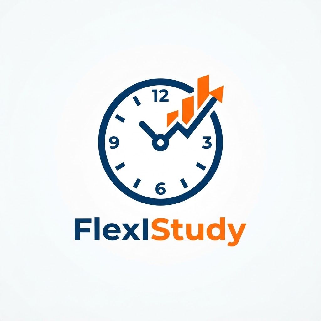A minimalist vector logo for an app named 'FlexIStudy'. The icon features a stylized clock face where the clock hand is transforming into an upward-trending bar graph or growth chart. Clean, bold lines, modern sans-serif aesthetic, professional deep blue and energetic orange color scheme, flat design, white background, high contrast, scalable vector style. --no shading
nothing written on the logo
