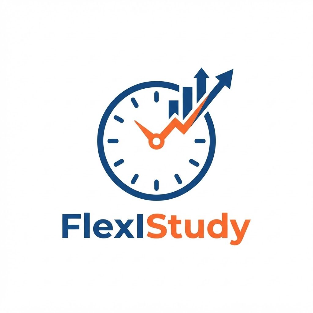 A minimalist vector logo for an app named 'FlexIStudy'. The icon features a stylized clock face where the clock hand is transforming into an upward-trending bar graph or growth chart. Clean, bold lines, modern sans-serif aesthetic, professional deep blue and energetic orange color scheme, flat design, white background, high contrast, scalable vector style. --no shading