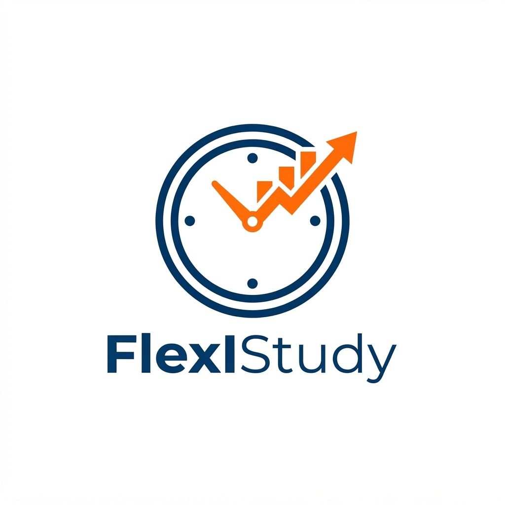 A minimalist vector logo for an app named 'FlexIStudy'. The icon features a stylized clock face where the clock hand is transforming into an upward-trending bar graph or growth chart. Clean, bold lines, modern sans-serif aesthetic, professional deep blue and energetic orange color scheme, flat design, white background, high contrast, scalable vector style. --no shading
