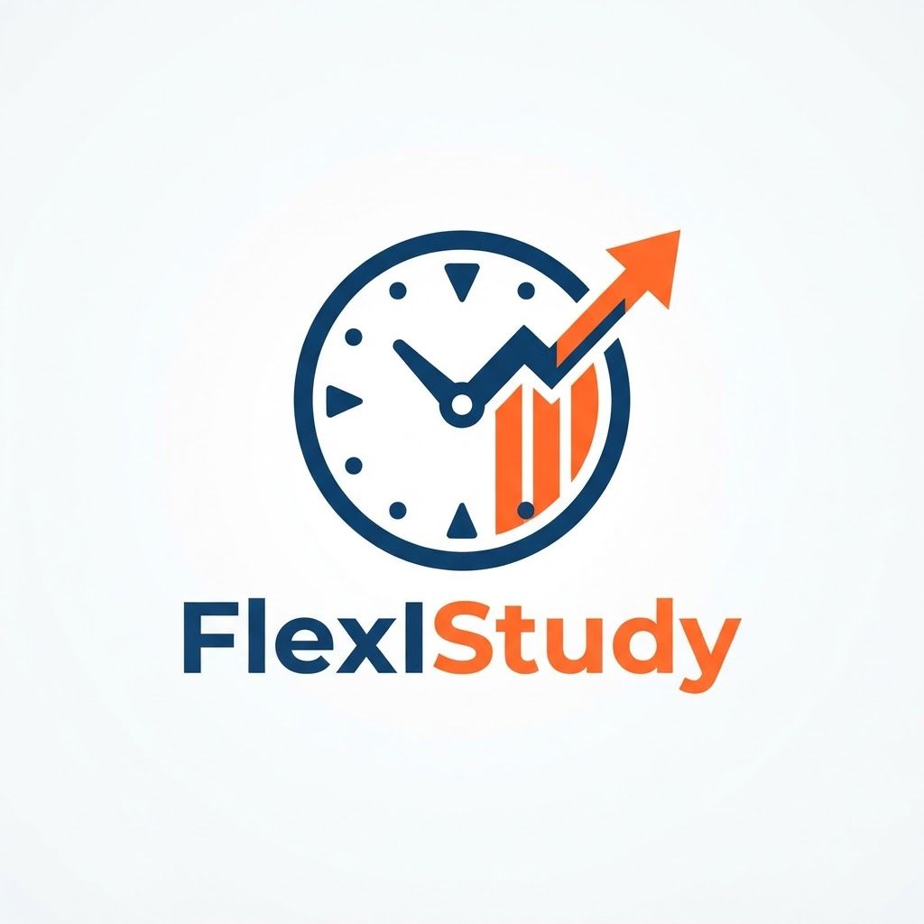 A minimalist vector logo for an app named 'FlexIStudy'. The icon features a stylized clock face where the clock hand is transforming into an upward-trending bar graph or growth chart. Clean, bold lines, modern sans-serif aesthetic, professional deep blue and energetic orange color scheme, flat design, white background, high contrast, scalable vector style. --no shading