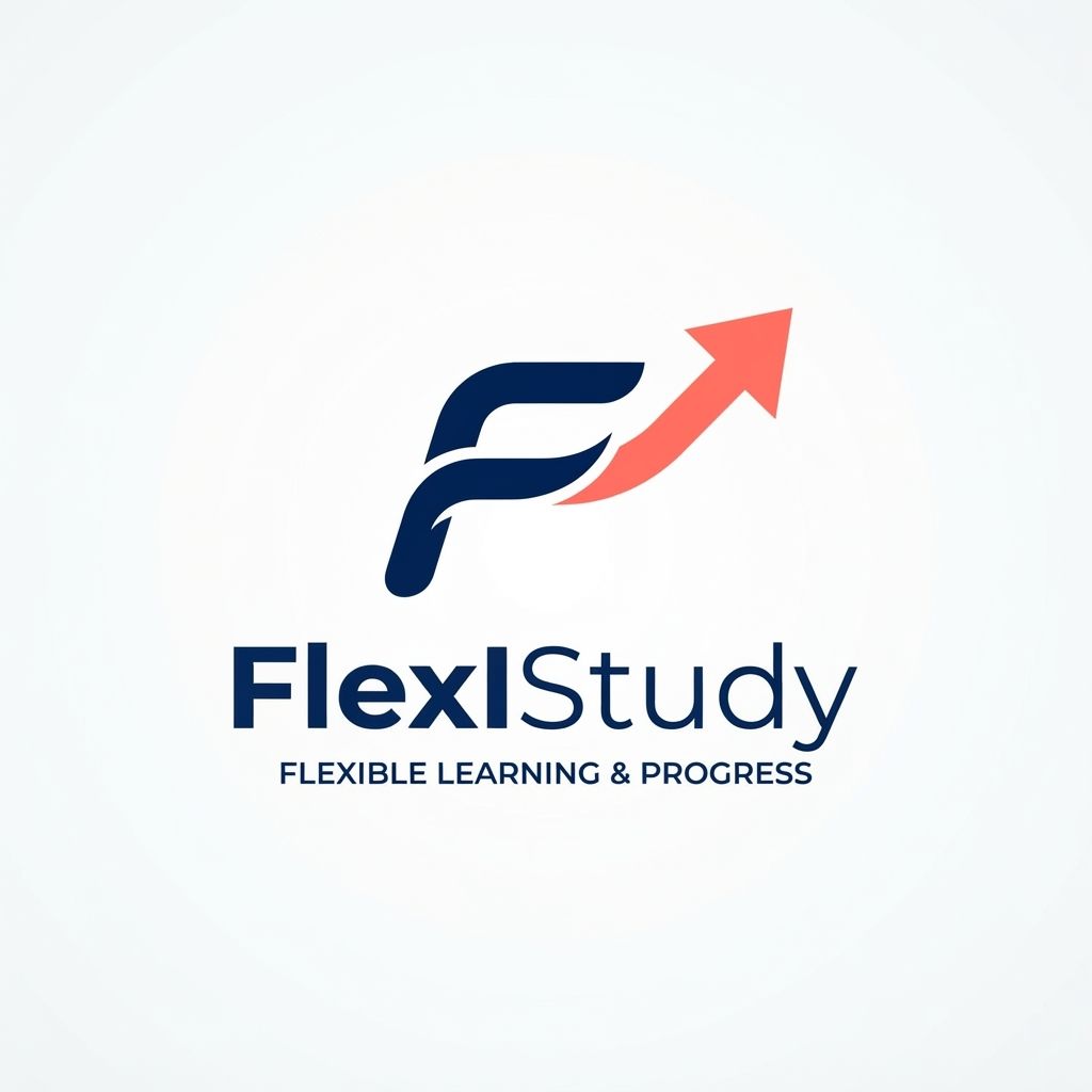 A modern abstract logo for 'FlexIStudy'. A fluid, continuous line forming a subtle letter 'F' that merges into an upward arrow, representing flexible learning and progress. Minimalist, bold and thick lines, sophisticated navy blue and vibrant coral color palette, flat vector design, white background, high-end tech aesthetic. --no shading