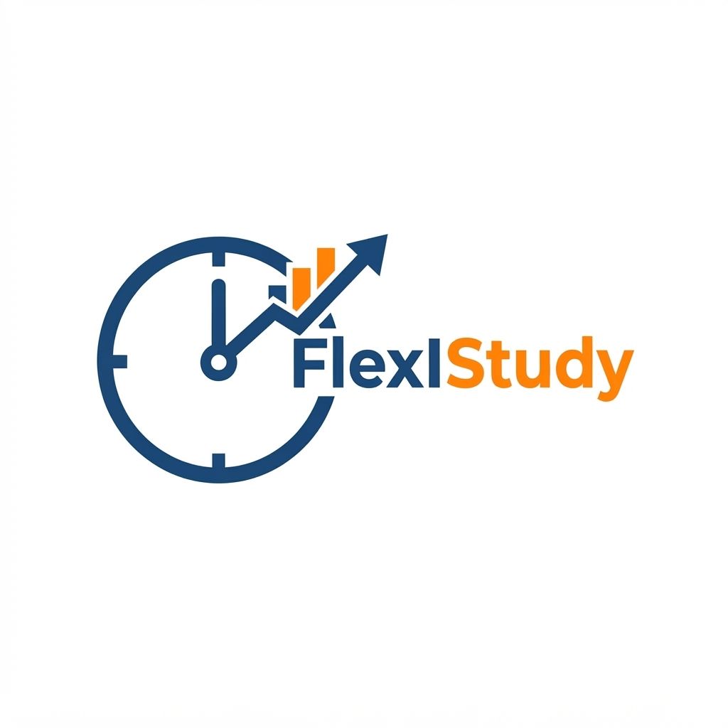 A minimalist vector logo for an app named 'FlexIStudy'. The icon features a stylized clock face where the clock hand is transforming into an upward-trending bar graph or growth chart. Clean, bold lines, modern sans-serif aesthetic, professional deep blue and energetic orange color scheme, flat design, white background, high contrast, scalable vector style. --no shading

nothing written on the logo