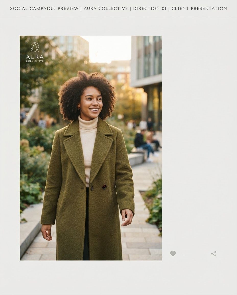 Social campaign preview concept for Brand identity directions for a client. Portrait campaign visual that feels ready for client approval, clear focal image, cohesive art direction, clean space for copy to be added later, no generated text.