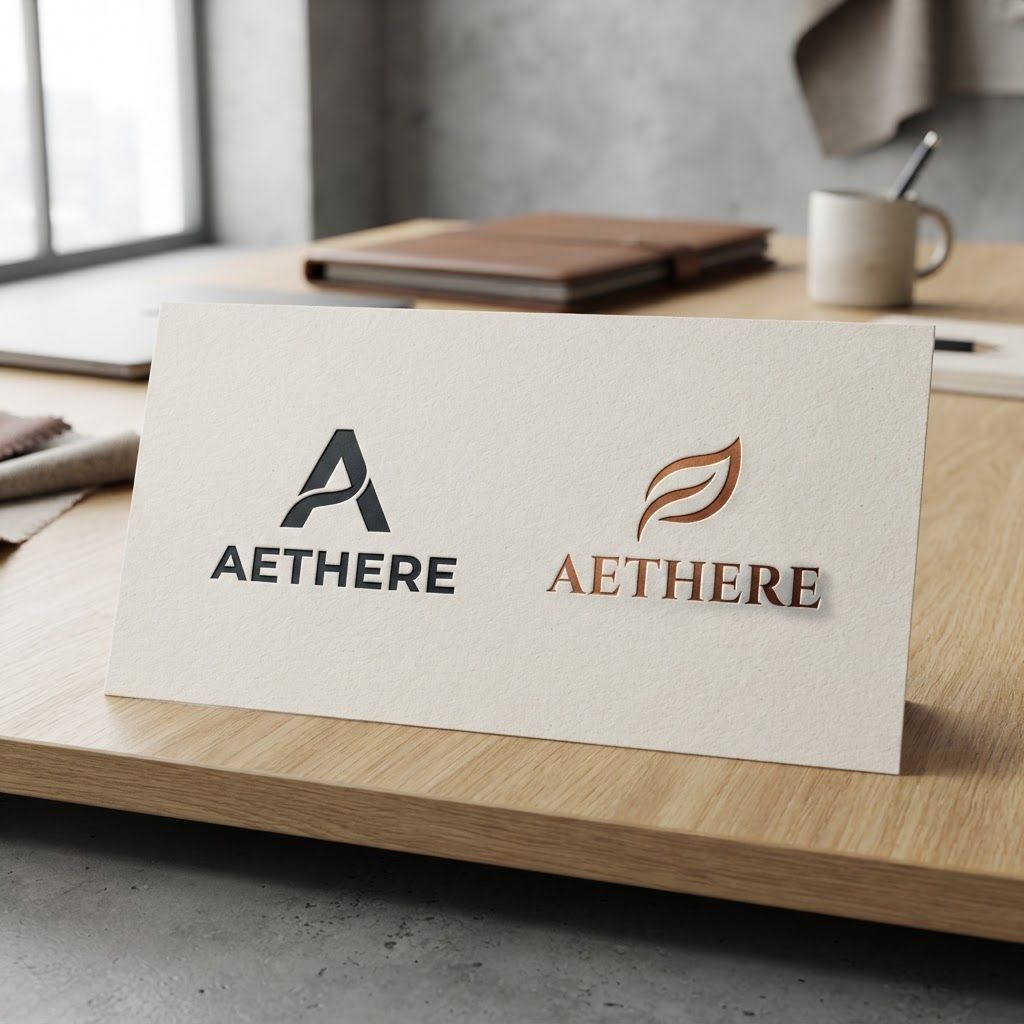 Premium logo presentation mockup concept for Brand identity directions for a client. Logo or brand mark displayed on a clean neutral surface with subtle depth, refined shadow, precise alignment, elegant design-studio presentation, no extra readable text.