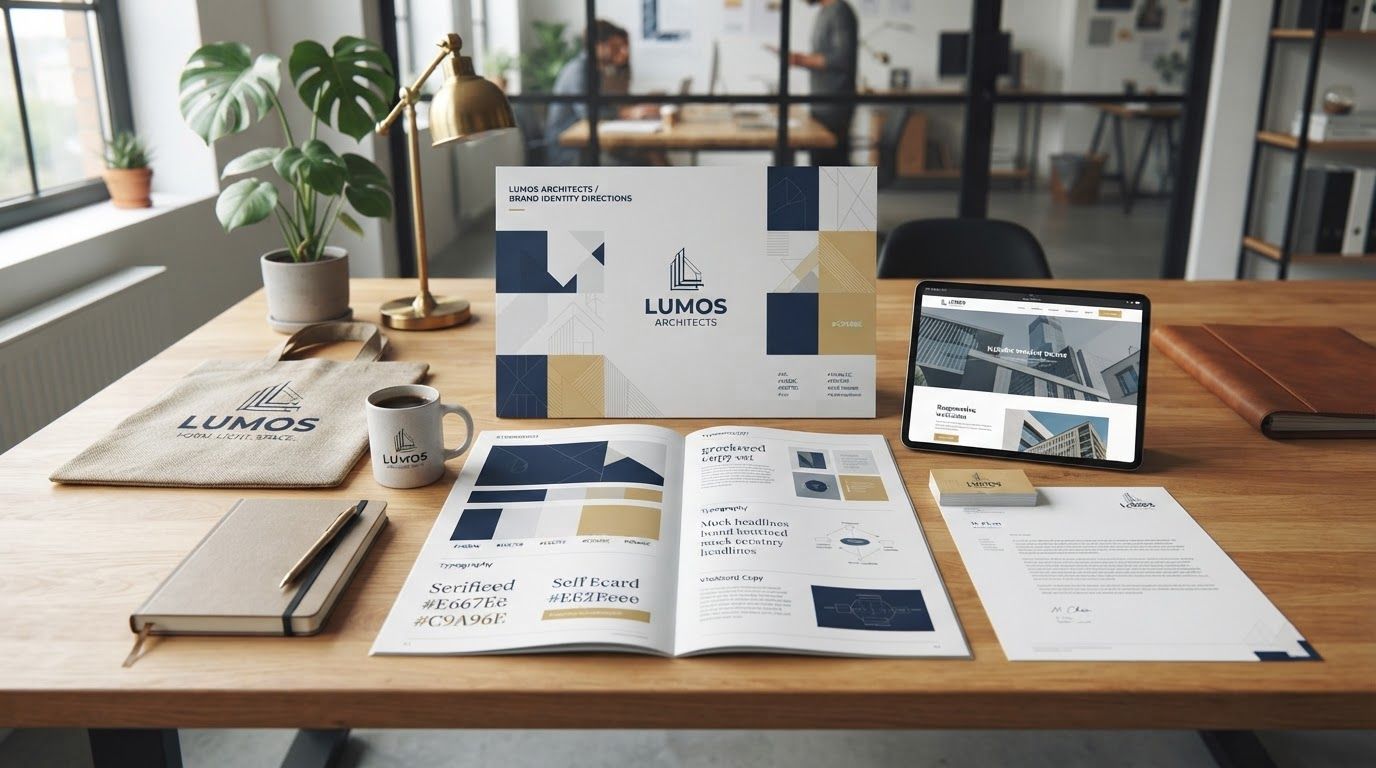 Client presentation mockup concept for Brand identity directions for a client. Polished scene showing the design direction applied to a realistic surface, screen, poster, or object, premium agency presentation style, no readable placeholder text.
