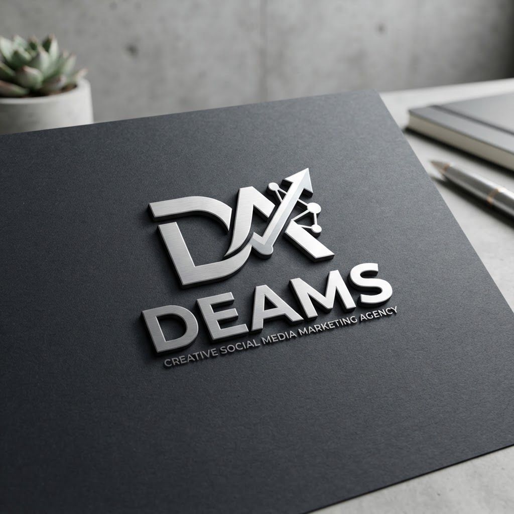 Premium logo presentation mockup concept for The name of the compay is DEAMS. It is a creative social media marketing agency. I want a logo for it, it should have fusion of modern,technical,creative,unique,premium. Logo or brand mark displayed on a clean neutral surface with subtle depth, refined shadow, precise alignment, elegant design-studio presentation, no extra readable text.
