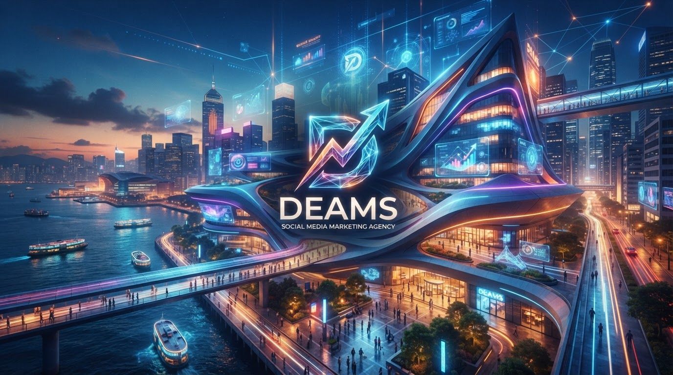 Cinematic wide environment concept for The name of the compay is DEAMS. It is a creative social media marketing agency. I want a logo for it, it should have fusion of modern,technical,creative,unique,premium. Expansive scene, atmospheric depth, clear visual story, strong lighting direction, polished concept-art quality.