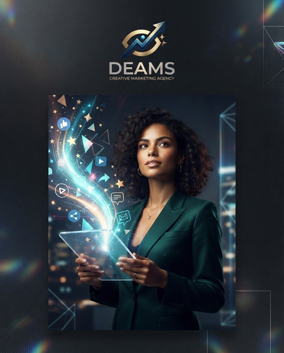 Social campaign preview concept for The name of the compay is DEAMS. It is a creative social media marketing agency. I want a logo for it, it should have fusion of modern,technical,creative,unique,premium. Portrait campaign visual that feels ready for client approval, clear focal image, cohesive art direction, clean space for copy to be added later, no generated text.