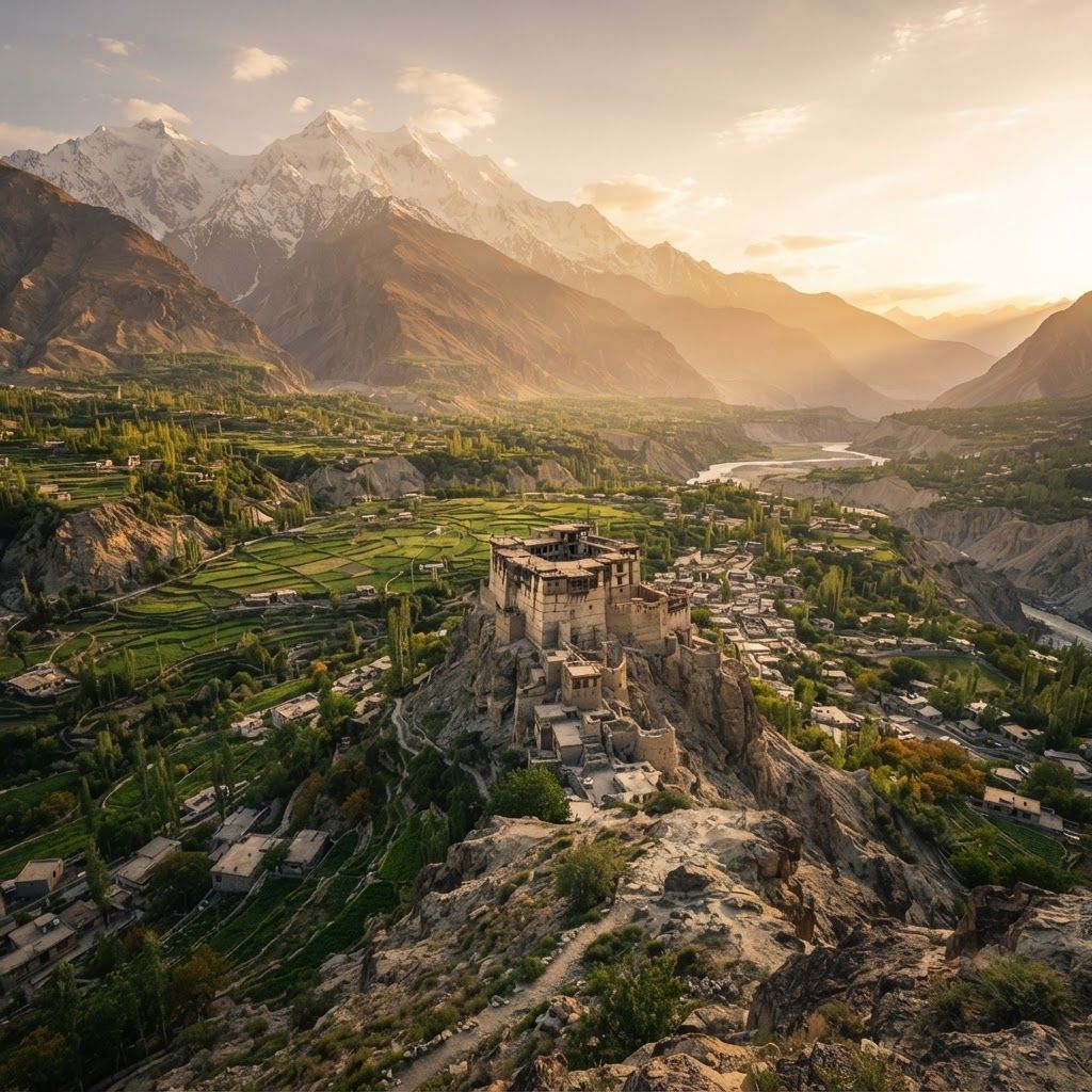 The Modern Cinematic Masterpiece
This is designed for realism, drama, and immense scale, ideal for creating a high-fidelity image that feels like a professional tourism ad.
Prompt:
A detailed, ultra-high resolution cinematic photograph taken from a high vantage point overlooking the Hunza Valley at golden hour. In the mid-ground, the old, fortified Baltit Fort (with its unique ancient architecture of mud, stone, and wood) is perched on a jagged ridge. Below, winding footpaths lead through the lush green terraced fields of Karimabad, with small clusters of traditional villages. In the deep background, massive, jagged, snow-capped peaks (Rakaposhi and Ultar Sar) form a dramatic wall under a warm sky. A soft, hazy atmospheric perspective is present. No text or UI elements.