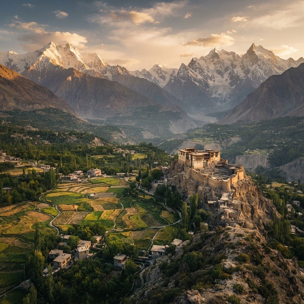 The Modern Cinematic Masterpiece
This is designed for realism, drama, and immense scale, ideal for creating a high-fidelity image that feels like a professional tourism ad.

Prompt:

A detailed, ultra-high resolution cinematic photograph taken from a high vantage point overlooking the Hunza Valley at golden hour. In the mid-ground, the old, fortified Baltit Fort (with its unique ancient architecture of mud, stone, and wood) is perched on a jagged ridge. Below, winding footpaths lead through the lush green terraced fields of Karimabad, with small clusters of traditional villages. In the deep background, massive, jagged, snow-capped peaks (Rakaposhi and Ultar Sar) form a dramatic wall under a warm sky. A soft, hazy atmospheric perspective is present. No text or UI elements.