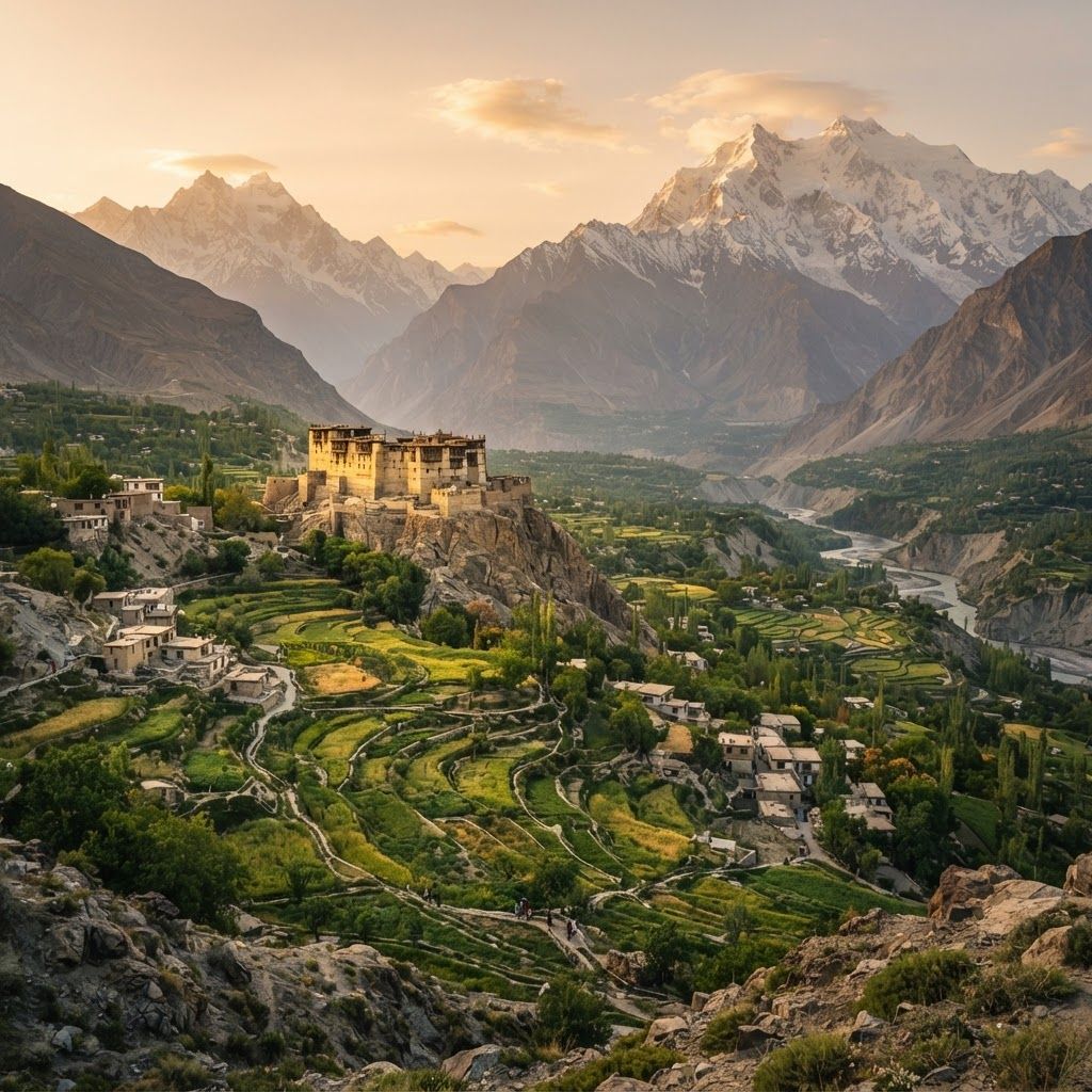A detailed, ultra-high resolution cinematic photograph taken from a high vantage point overlooking the Hunza Valley at golden hour. In the mid-ground, the old, fortified Baltit Fort (with its unique ancient architecture of mud, stone, and wood) is perched on a jagged ridge. Below, winding footpaths lead through the lush green terraced fields of Karimabad, with small clusters of traditional villages. In the deep background, massive, jagged, snow-capped peaks (Rakaposhi and Ultar Sar) form a dramatic wall under a warm sky. A soft, hazy atmospheric perspective is present. No text or UI elements.