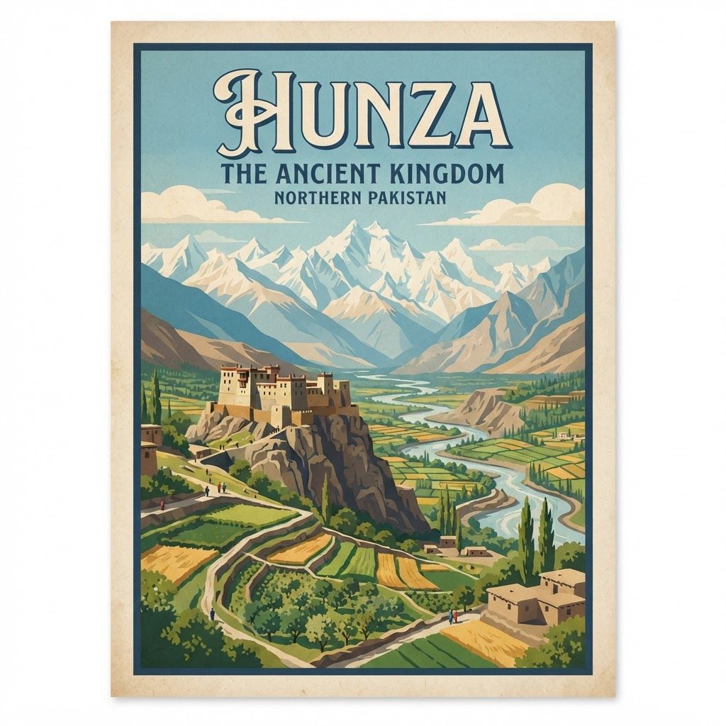 his is designed specifically as a poster layout with a graphic illustration feel, prioritizing composition and integrated text areas.
Prompt:
A graphic travel poster illustration with a vintage travel poster aesthetic (1930s-1950s), featuring a stylized Hunza Valley scene. Clean lines and blocky colors. A sweeping view looking down the valley, where ancient Altit Fort is visible on a rocky cliff. Terraced steps lead the eye toward the distant, stylized, snow-covered mountains. A large, empty sky area is at the top, perfectly suited for integrated typography. Clear, legible font. 'HUNZA' in large script text and 'THE ANCIENT KINGDOM' below it. Natural color palette (blues, greens, ochres). Flat, clean graphic design.